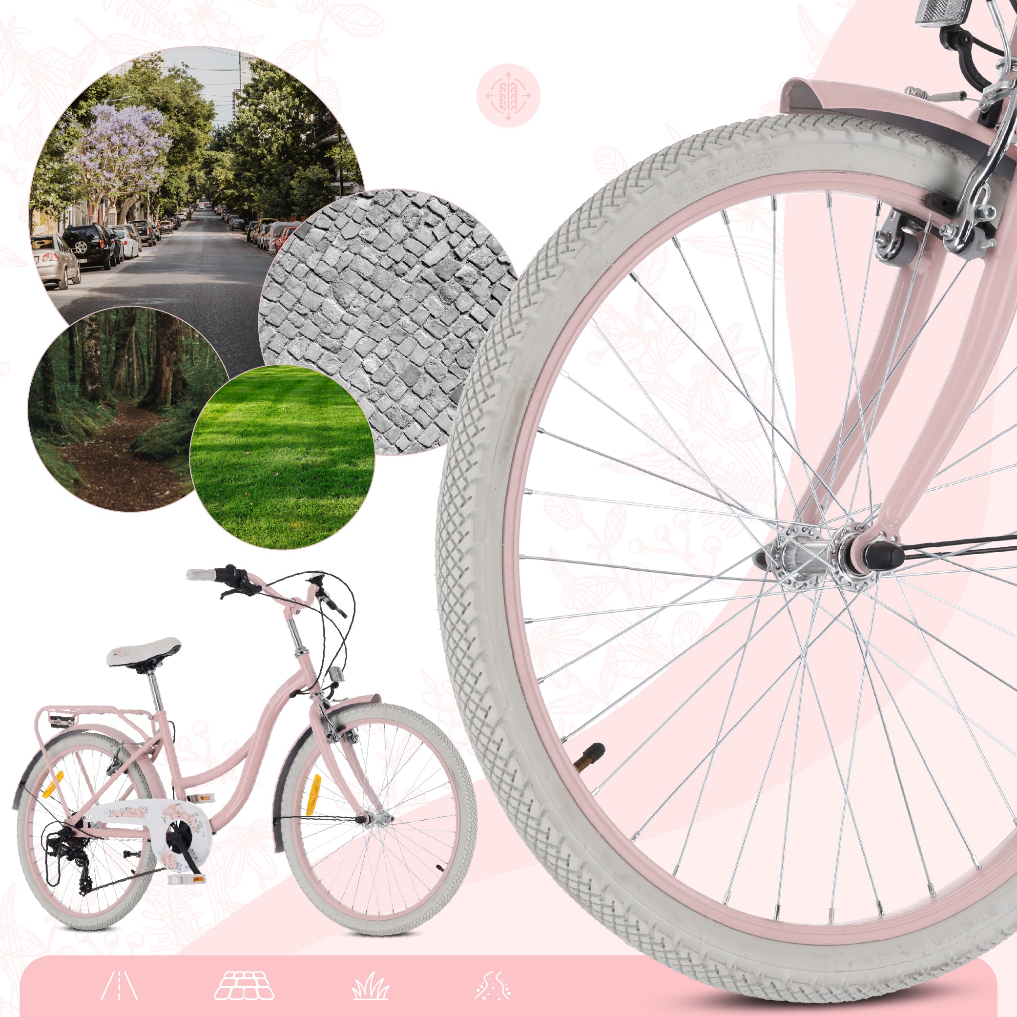 24-Zoll-Jugendfahrrad für Mädchen, Stadtrad für die Kommunion, Shimano 7-Gang-Schaltung, Flower Bike, rosa, Sun Baby