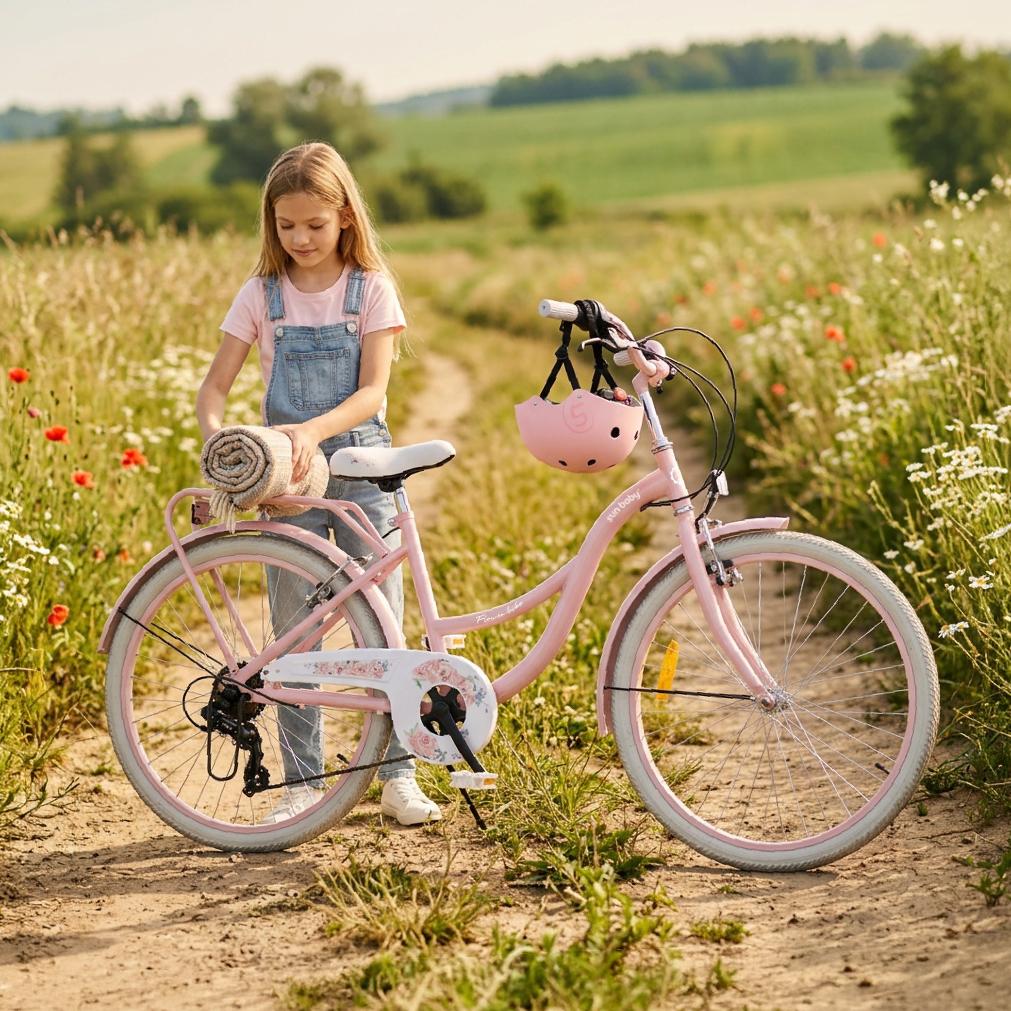 24-Zoll-Jugendfahrrad für Mädchen, Stadtrad für die Kommunion, Shimano 7-Gang-Schaltung, Flower Bike, rosa, Sun Baby