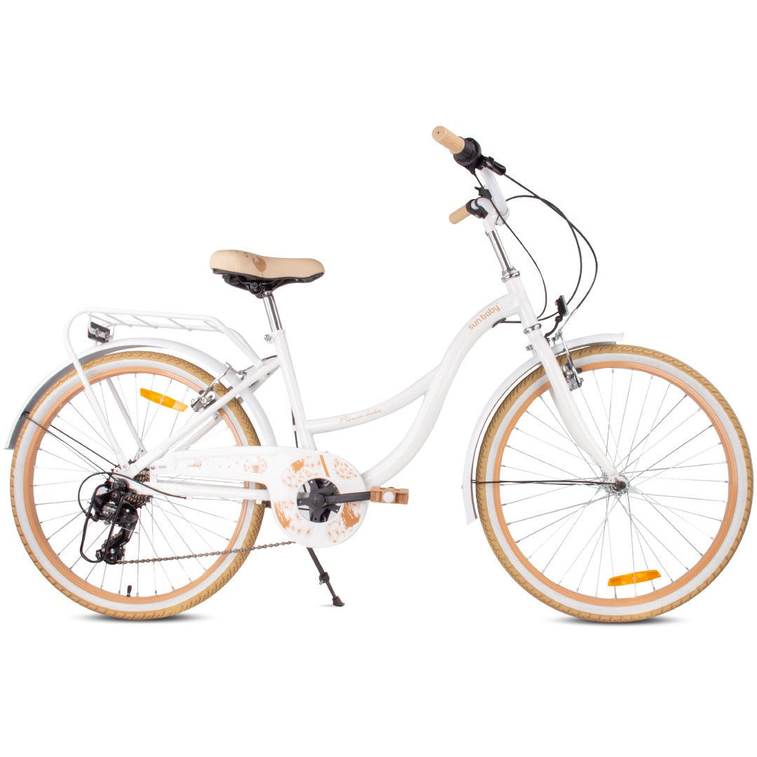 Youth bike 24 inches for girls, city bike for communion, Shimano 7 gears, Dandelion, white and beige, Sun Baby, II quality