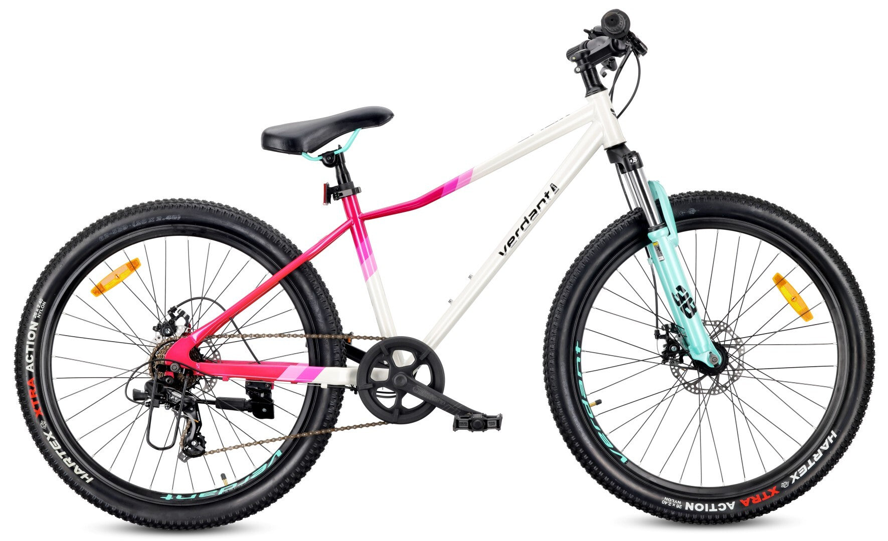 Rower górski 26 cali MTB Shimano 7 biegów Amortyzator tarczowe Stopka Verdant Calix biały różowy miętowy