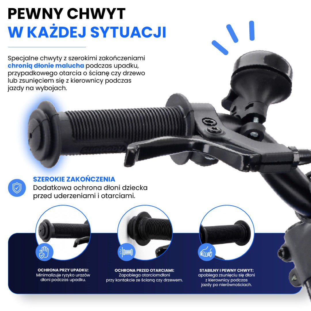 Rower dla chłopca lekki 14 cali aluminiowy 6,6 kg Prowadnik Kółka boczne Koszyk Dzwonek V-brake NAKLEJKI LOOFI niebieski