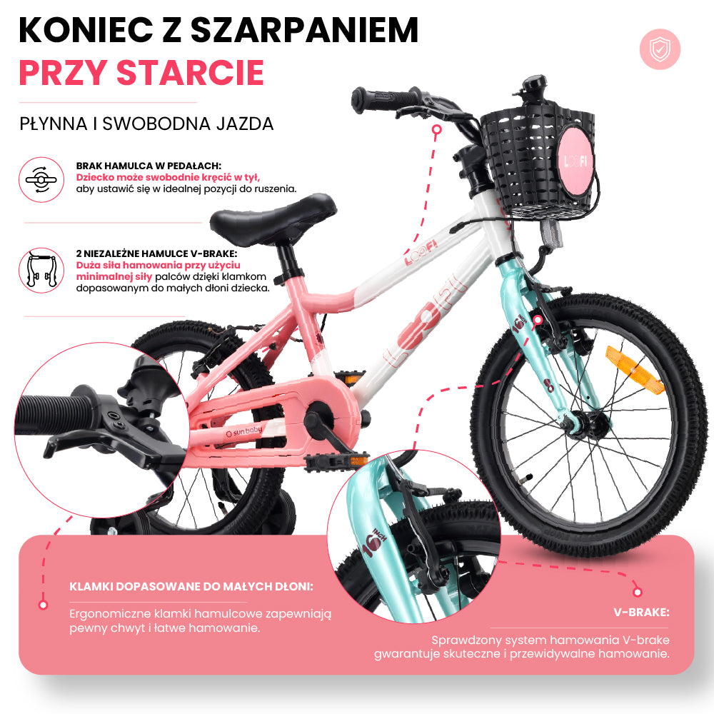Rower dla dziecka 16 cali dla dziewczynki Lekki aluminium 7 kg Prowadnik Kółka boczne Koszyk Dzwonek V-brake Naklejki LOOFI biały różowy miętowy