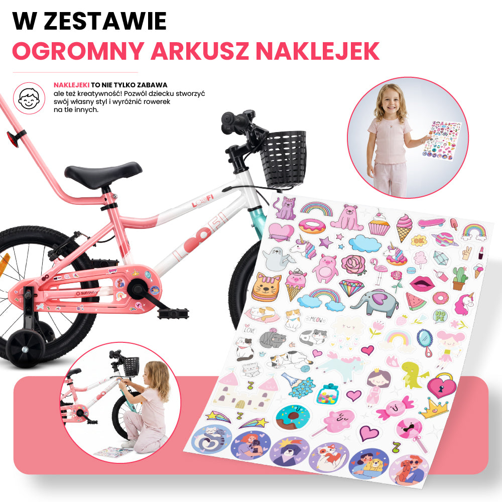 Rower dla dziecka 16 cali dla dziewczynki Lekki aluminium 7 kg Prowadnik Kółka boczne Koszyk Dzwonek V-brake Naklejki LOOFI biały różowy miętowy