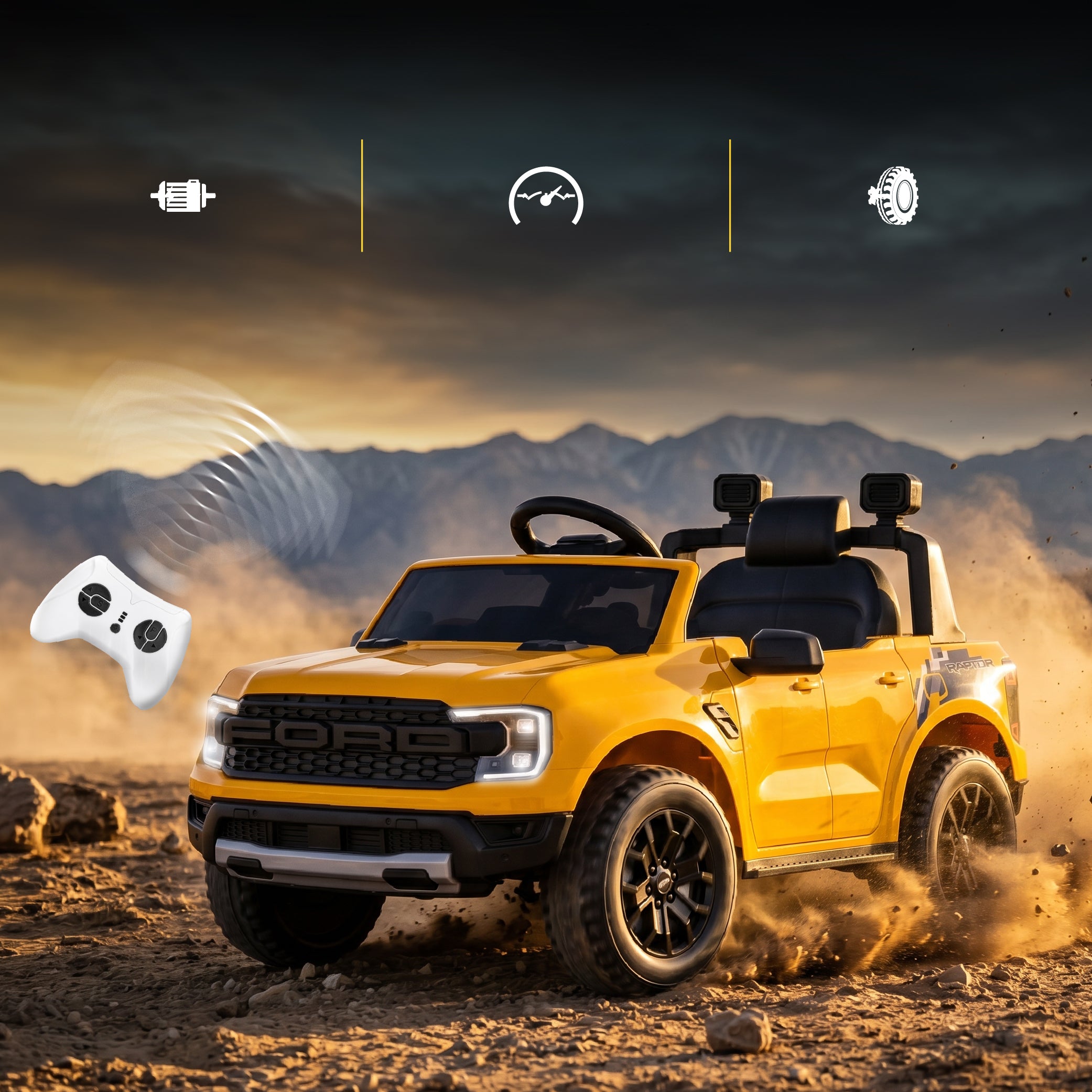 Ford Raptor Auto na Akumulator dla Dzieci SUV Jeździk Elektryczny Pilot LED MP3 Żółty