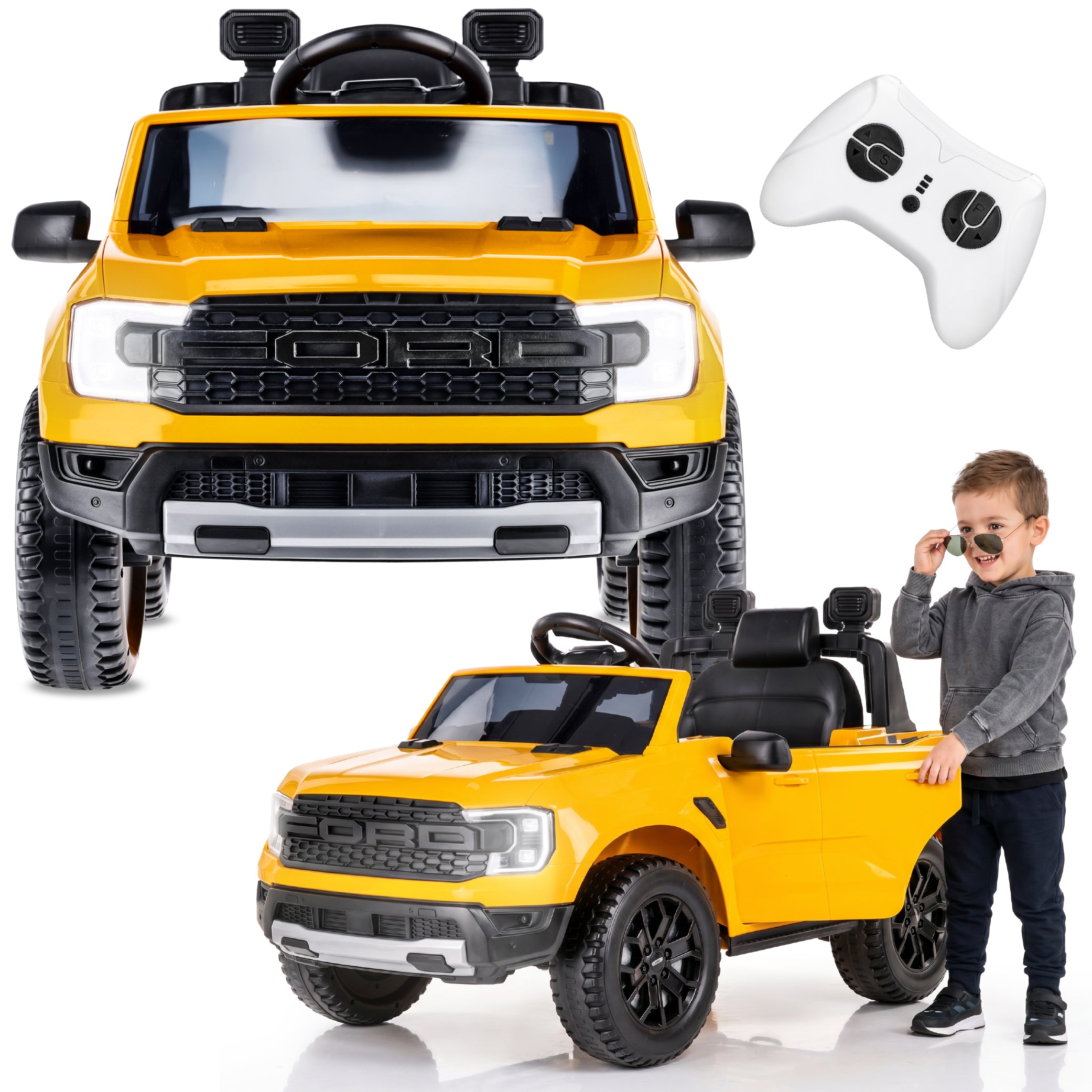 Ford Raptor Auto na Akumulator dla Dzieci SUV Jeździk Elektryczny Pilot LED MP3 Żółty