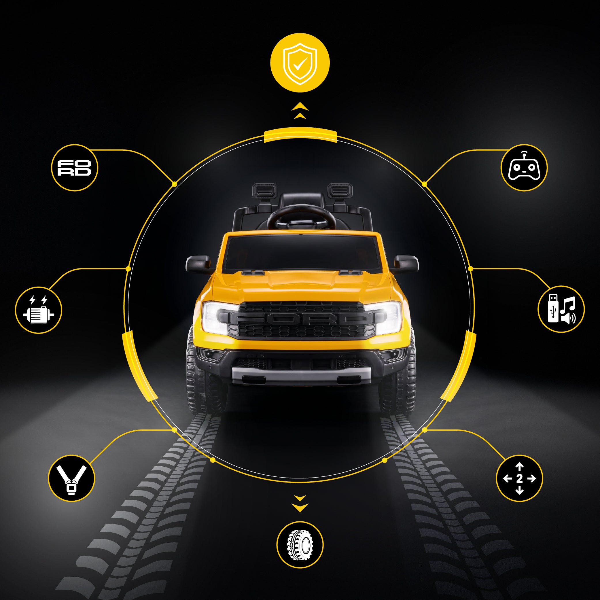 Ford Raptor Auto na Akumulator dla Dzieci SUV Jeździk Elektryczny Pilot LED MP3 Żółty