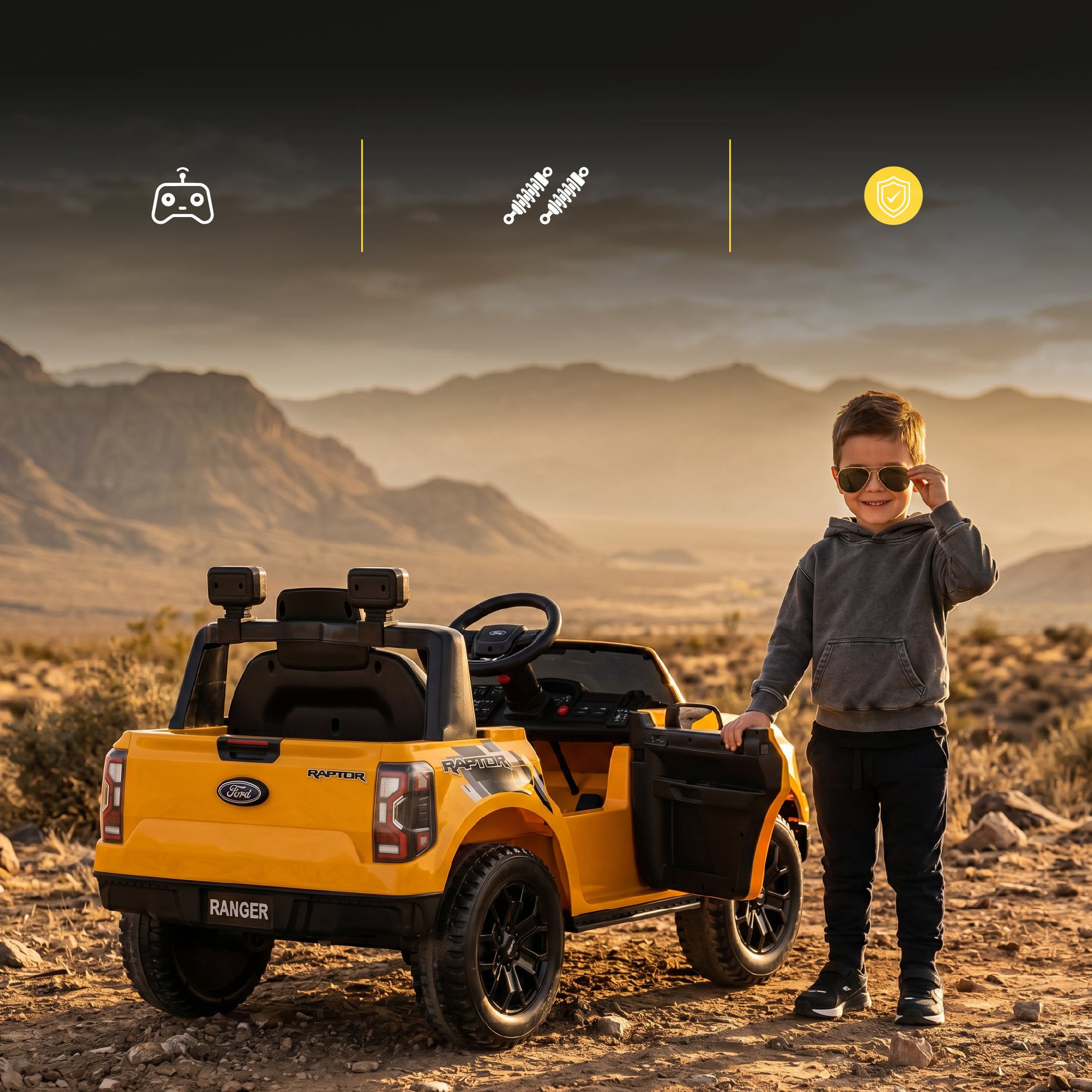 Ford Raptor Auto na Akumulator dla Dzieci SUV Jeździk Elektryczny Pilot LED MP3 Żółty