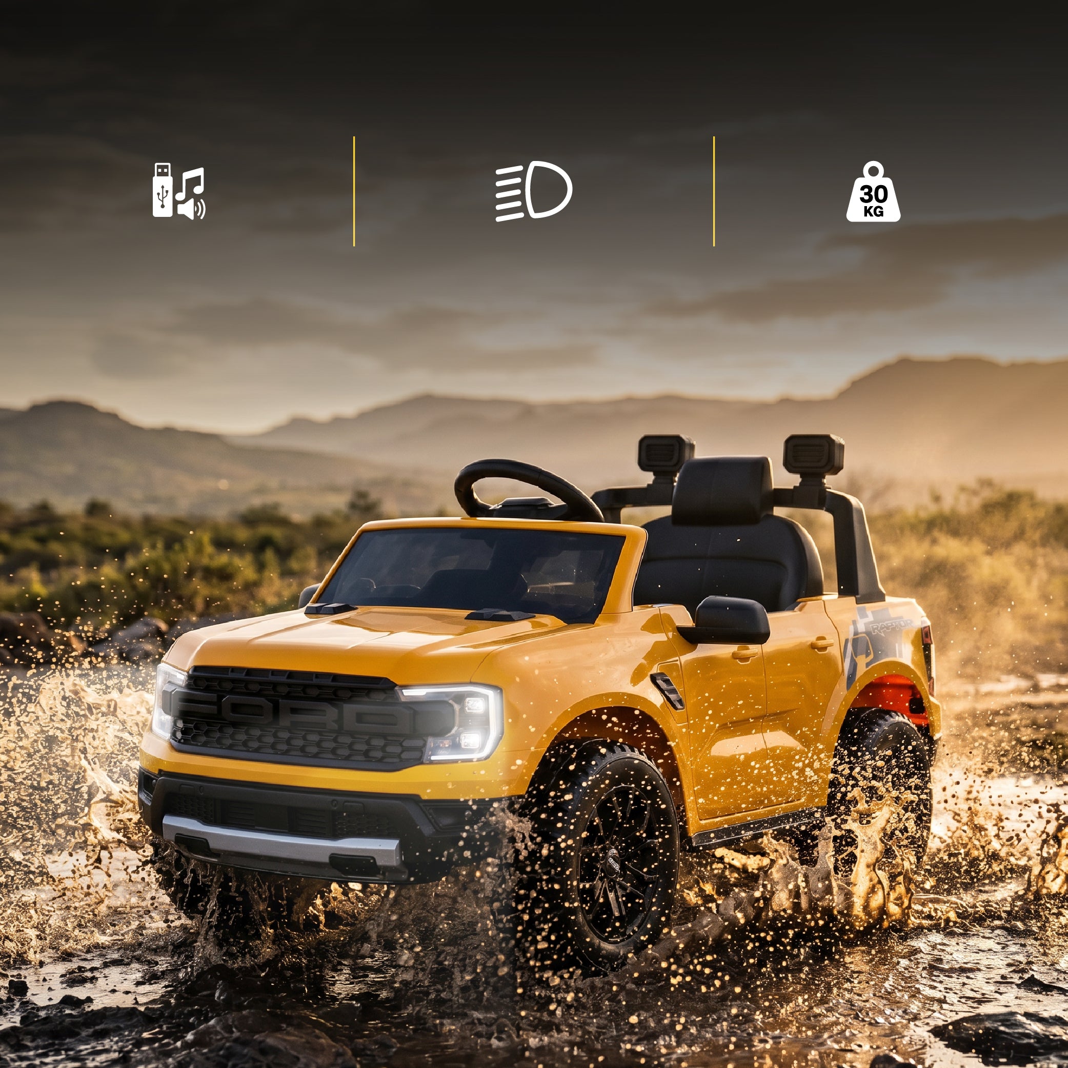 Ford Raptor Auto na Akumulator dla Dzieci SUV Jeździk Elektryczny Pilot LED MP3 Żółty