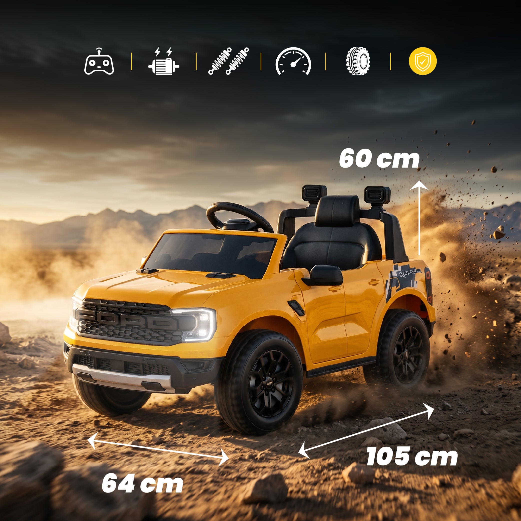 Ford Raptor Auto na Akumulator dla Dzieci SUV Jeździk Elektryczny Pilot LED MP3 Żółty