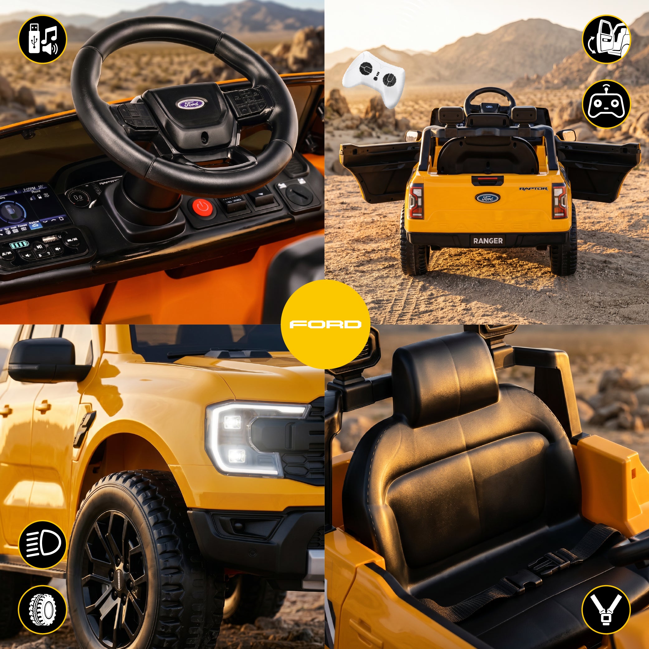 Ford Raptor Auto na Akumulator dla Dzieci SUV Jeździk Elektryczny Pilot LED MP3 Żółty