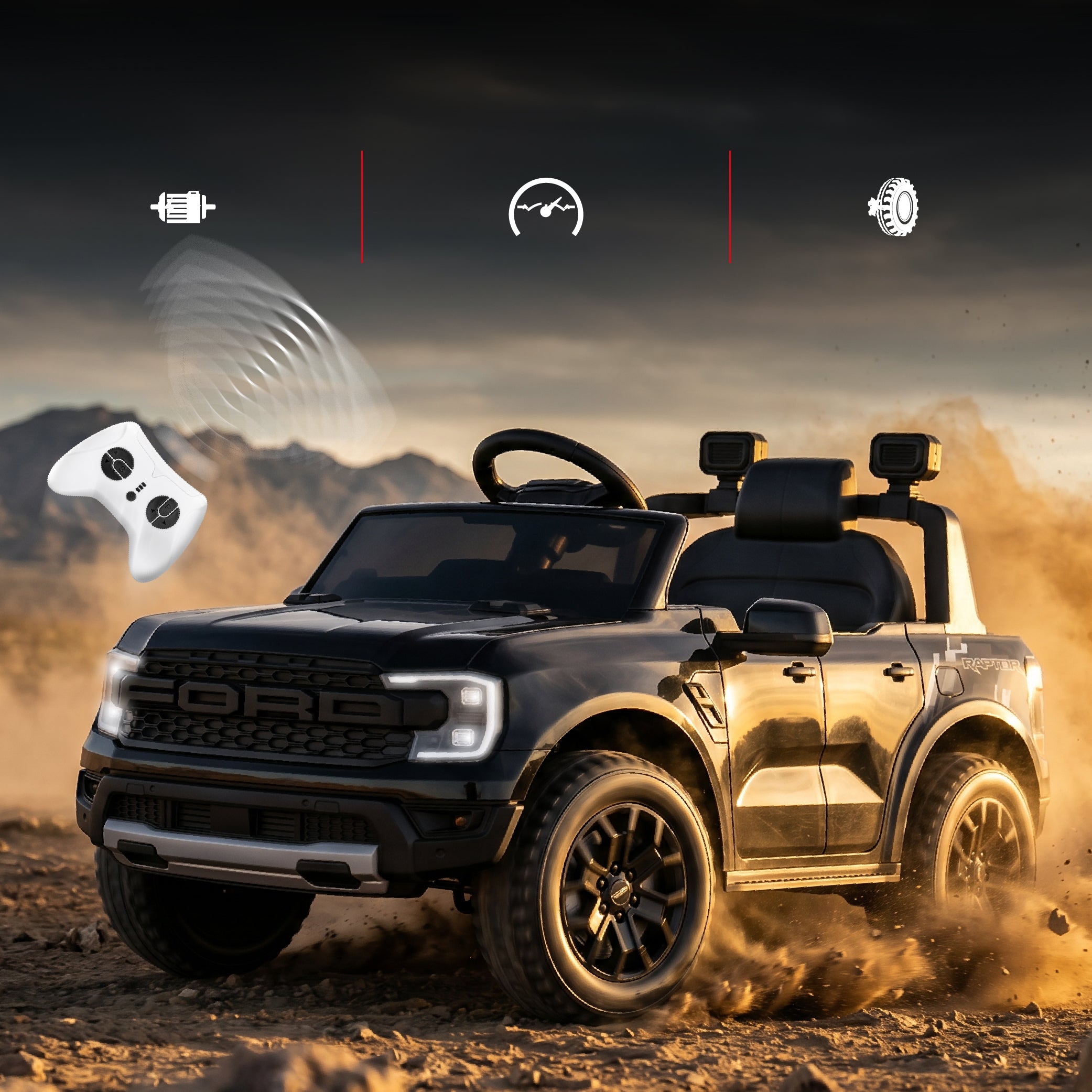 Ford Raptor Auto na Akumulator dla Dzieci SUV Jeździk Elektryczny Pilot LED MP3 Czarny