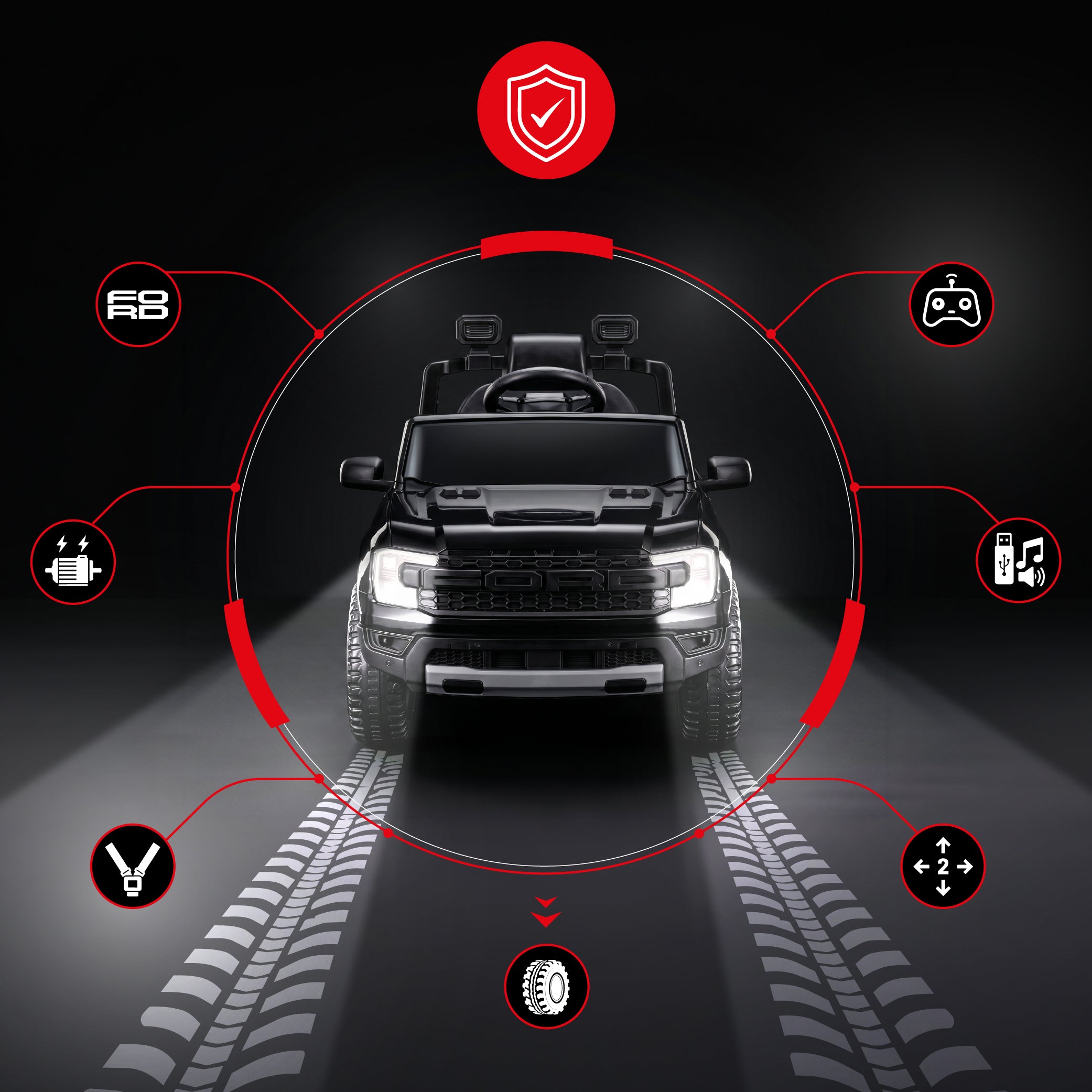 Ford Raptor Auto na Akumulator dla Dzieci SUV Jeździk Elektryczny Pilot LED MP3 Czarny
