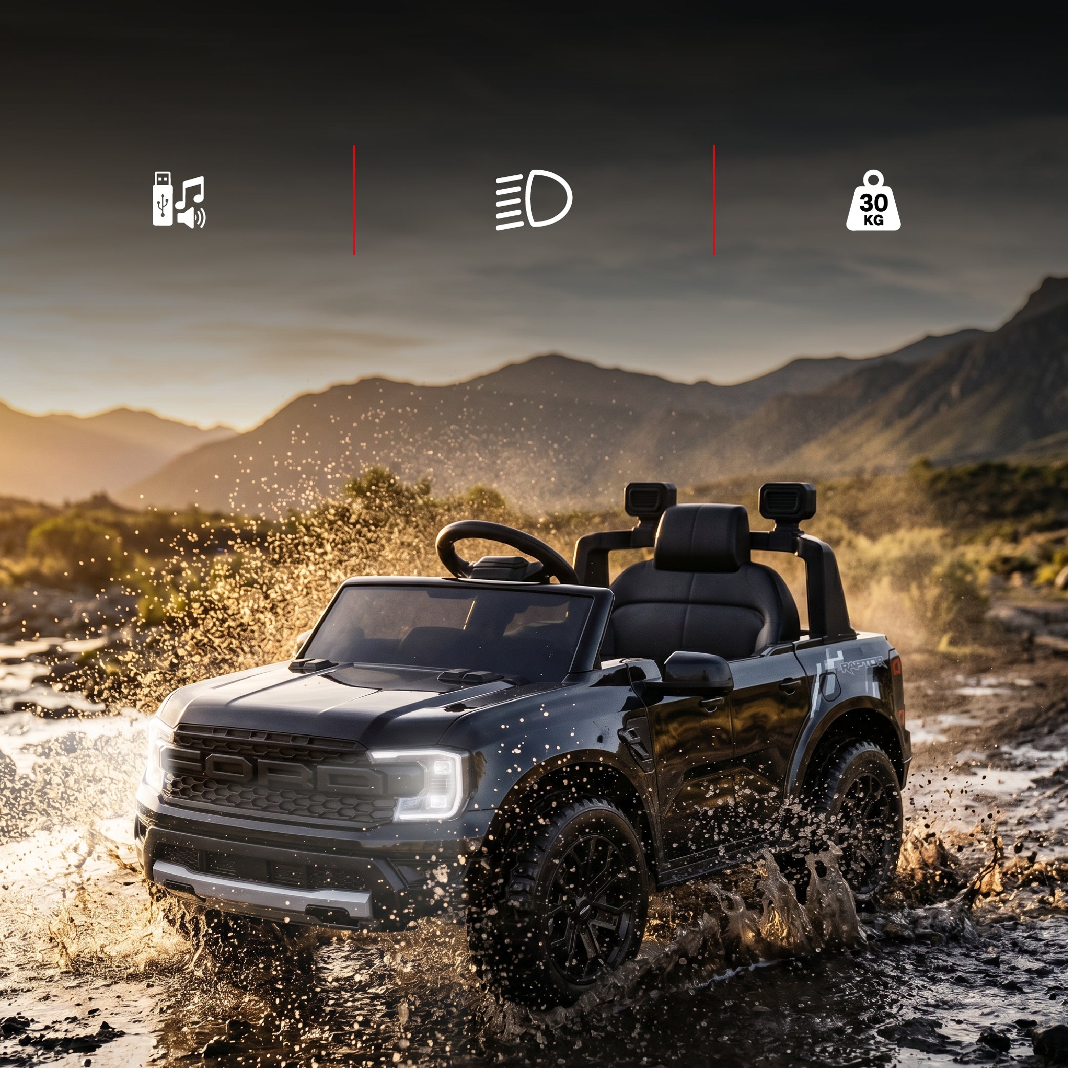 Ford Raptor Auto na Akumulator dla Dzieci SUV Jeździk Elektryczny Pilot LED MP3 Czarny