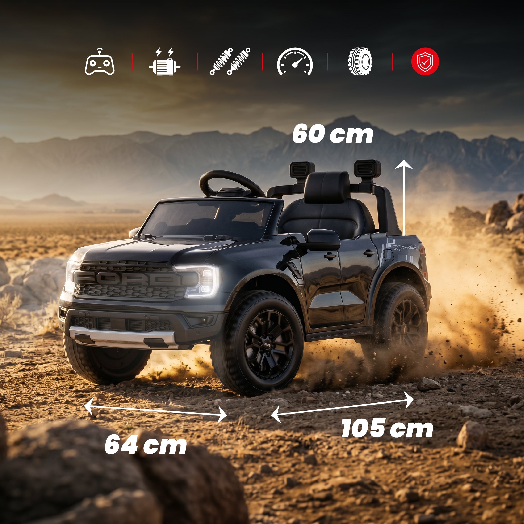 Ford Raptor Auto na Akumulator dla Dzieci SUV Jeździk Elektryczny Pilot LED MP3 Czarny
