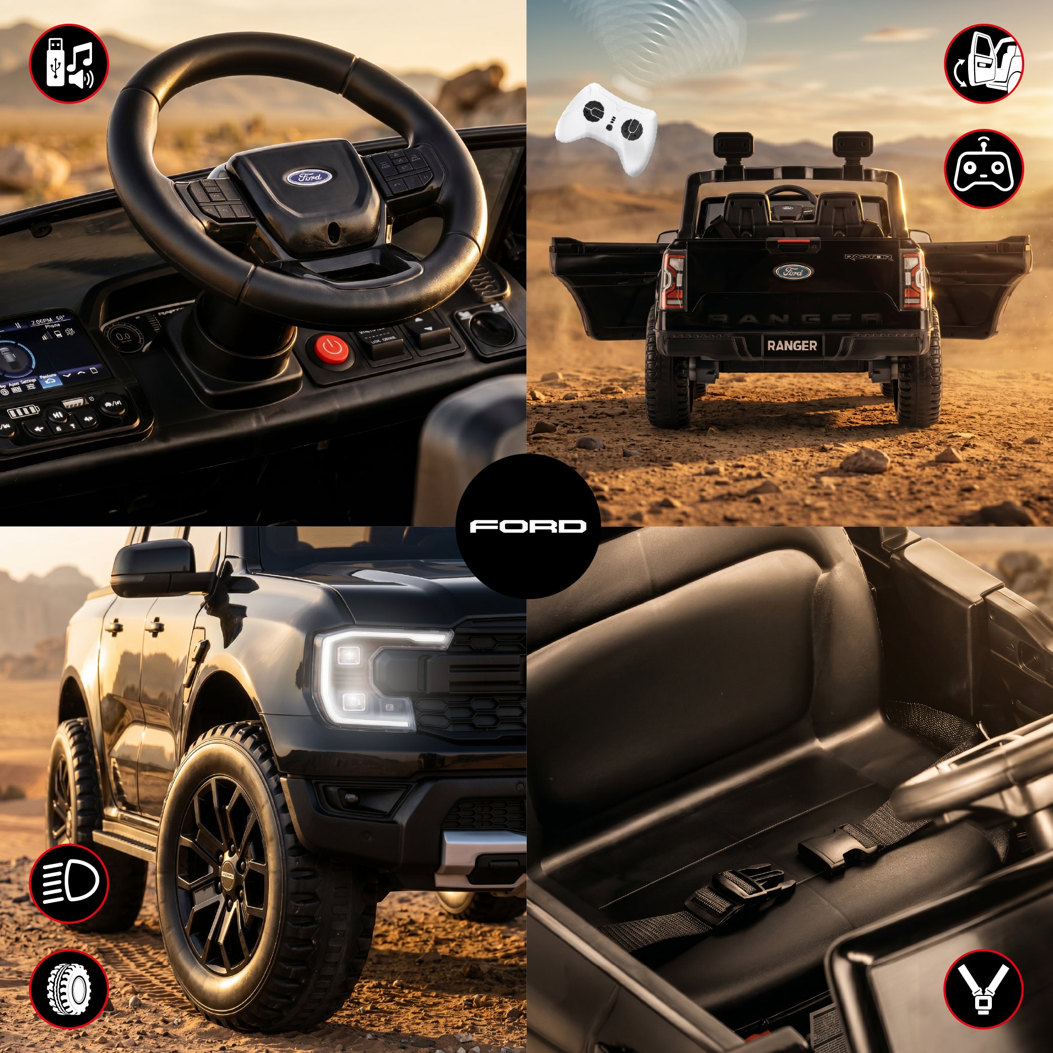Ford Raptor Auto na Akumulator dla Dzieci SUV Jeździk Elektryczny Pilot LED MP3 Czarny