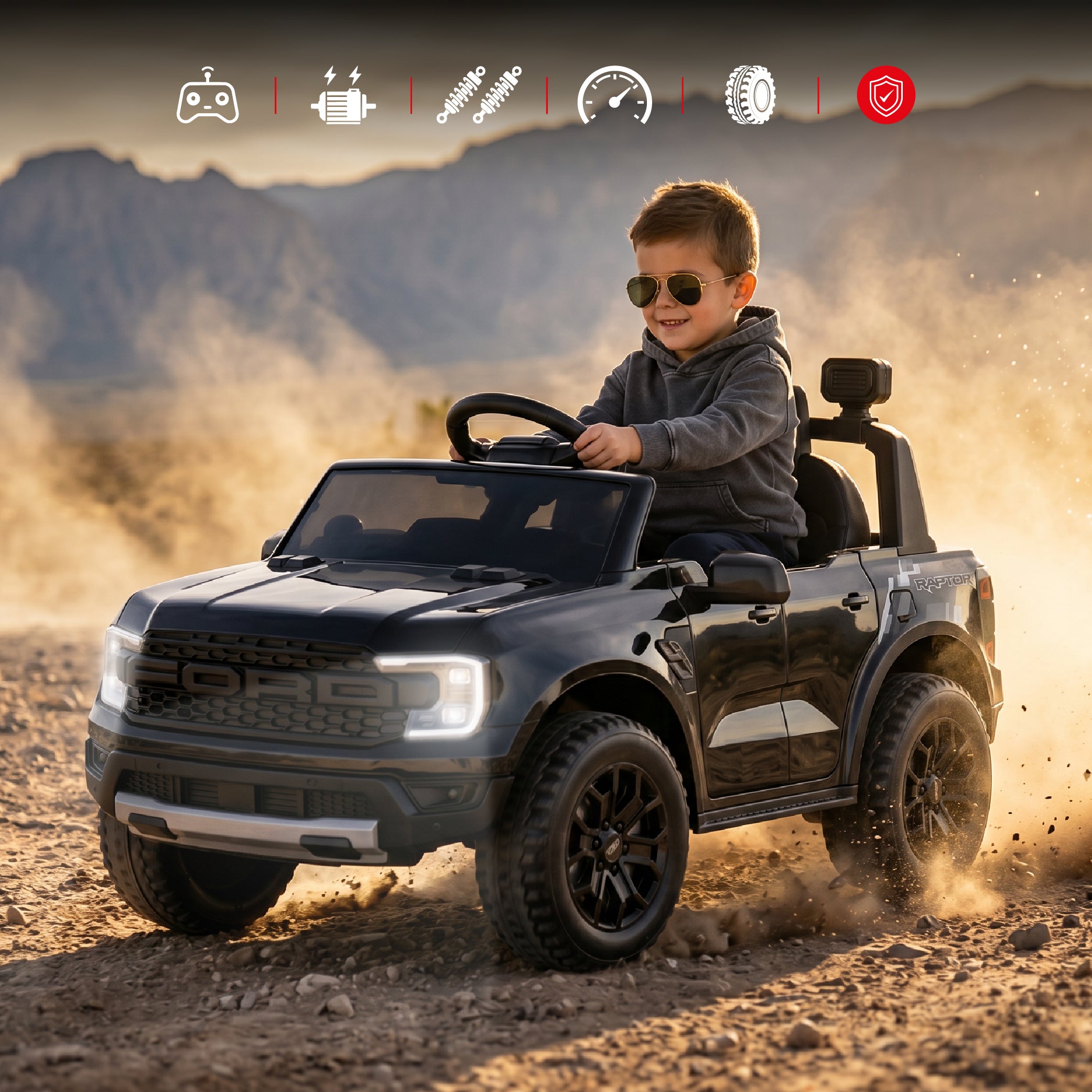 Ford Raptor Auto na Akumulator dla Dzieci SUV Jeździk Elektryczny Pilot LED MP3 Czarny