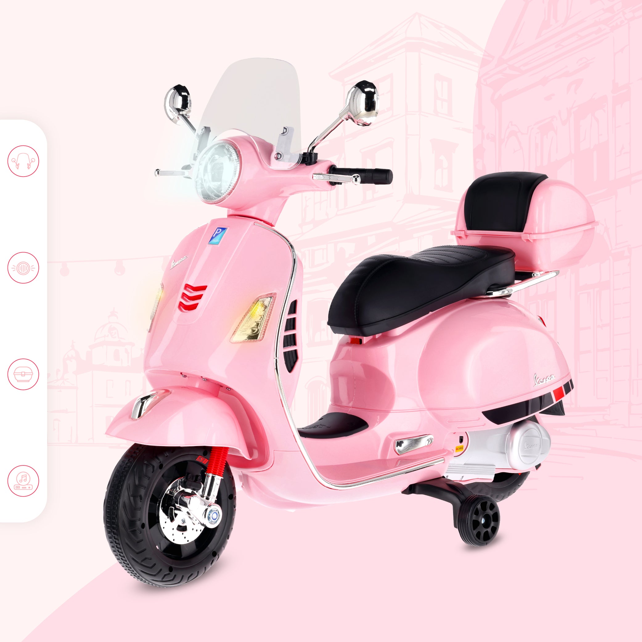 Vespa dla dziecka Skuter na akumulator Jeździk z kuferkiem MAXI jasny różowy Sun Baby