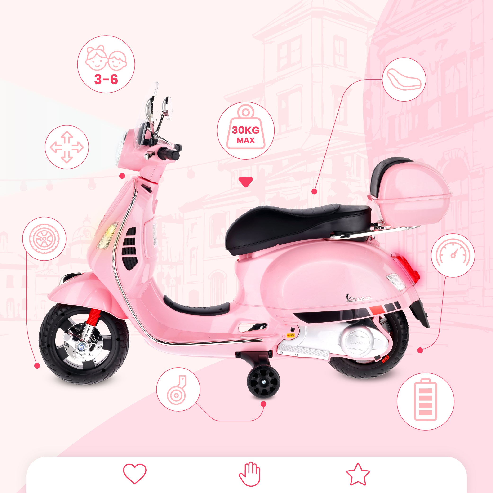 Vespa dla dziecka Skuter na akumulator Jeździk z kuferkiem MAXI jasny różowy Sun Baby