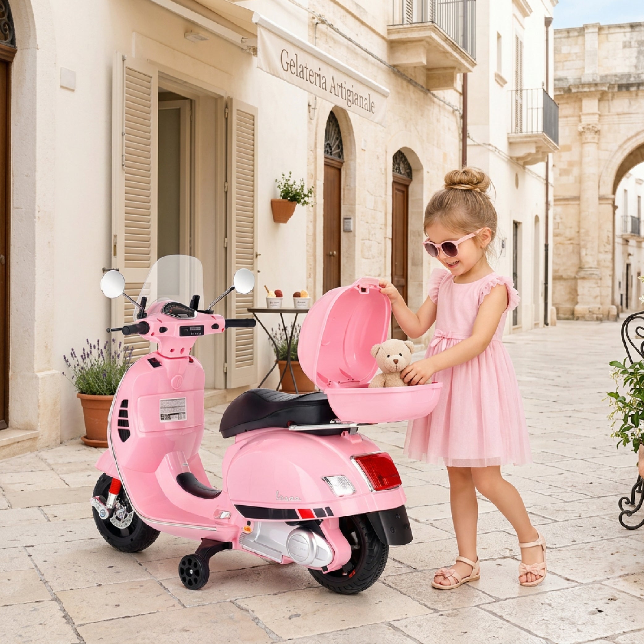Vespa dla dziecka Skuter na akumulator Jeździk z kuferkiem MAXI jasny różowy Sun Baby