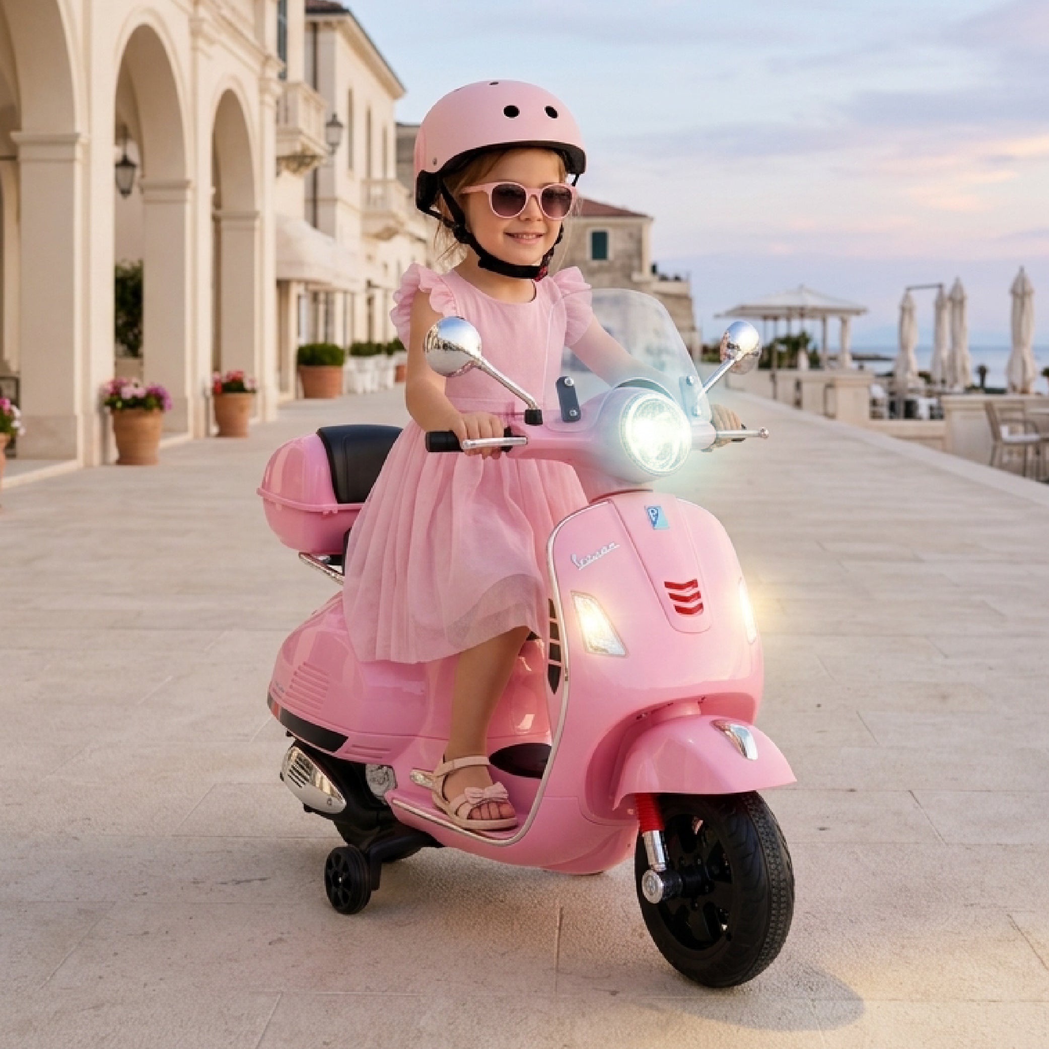 Vespa dla dziecka Skuter na akumulator Jeździk z kuferkiem MAXI jasny różowy Sun Baby