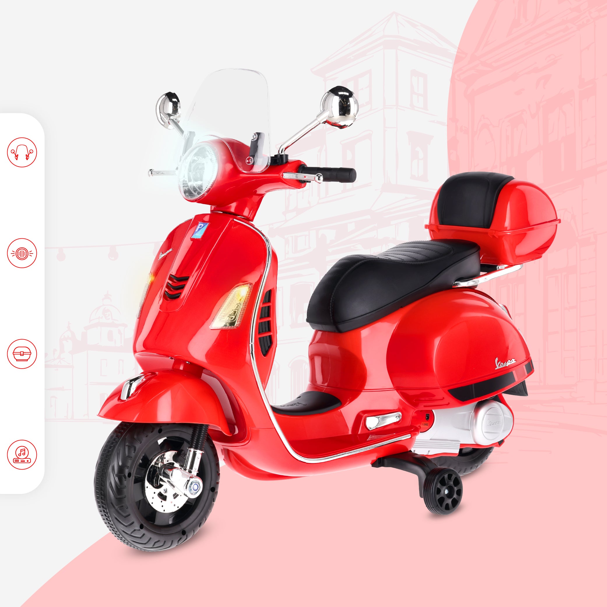 Vespa dla dziecka Skuter na akumulator Jeździk z kuferkiem MAXI czerwony Sun Baby