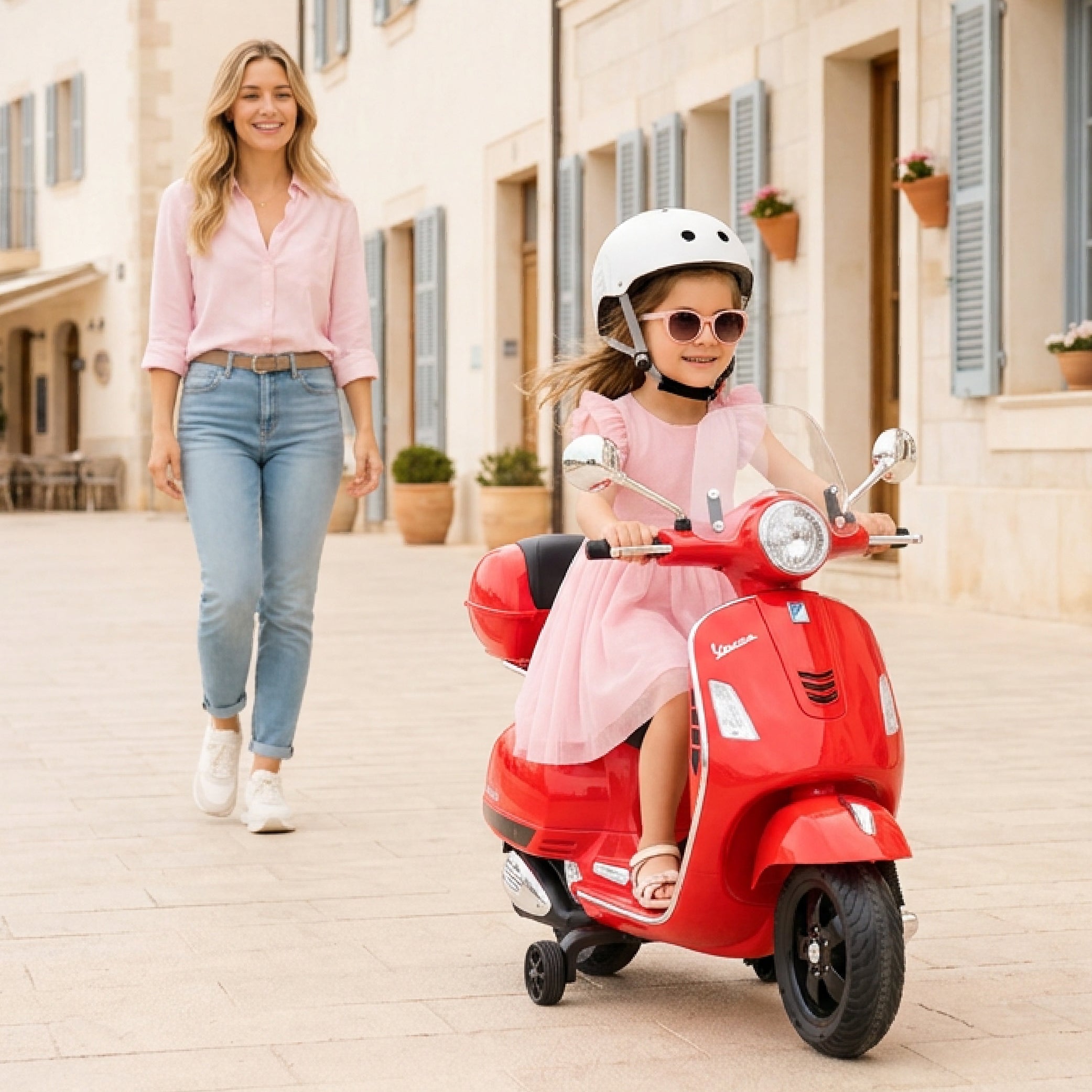 Vespa dla dziecka Skuter na akumulator Jeździk z kuferkiem MAXI czerwony Sun Baby