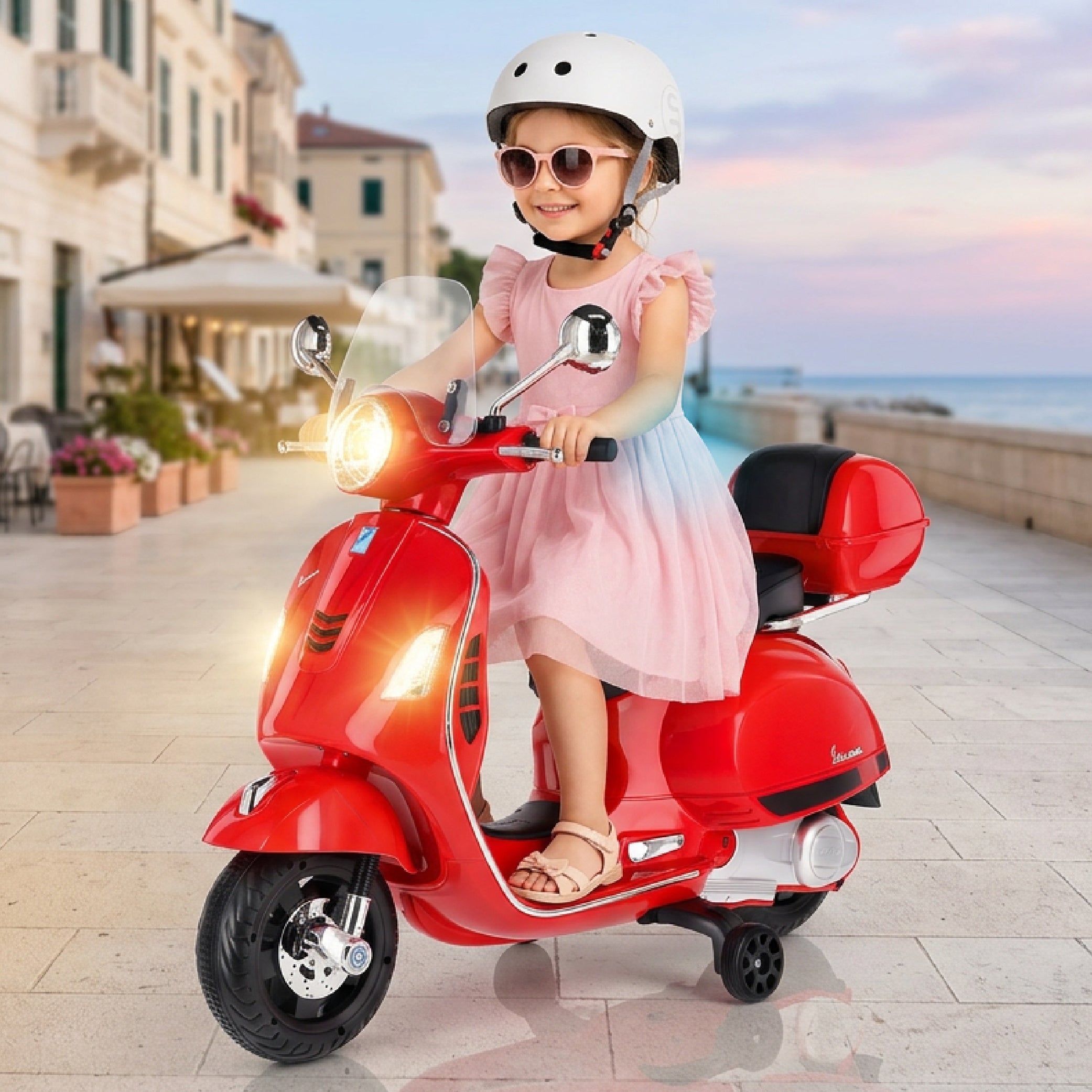 Vespa dla dziecka Skuter na akumulator Jeździk z kuferkiem MAXI czerwony Sun Baby
