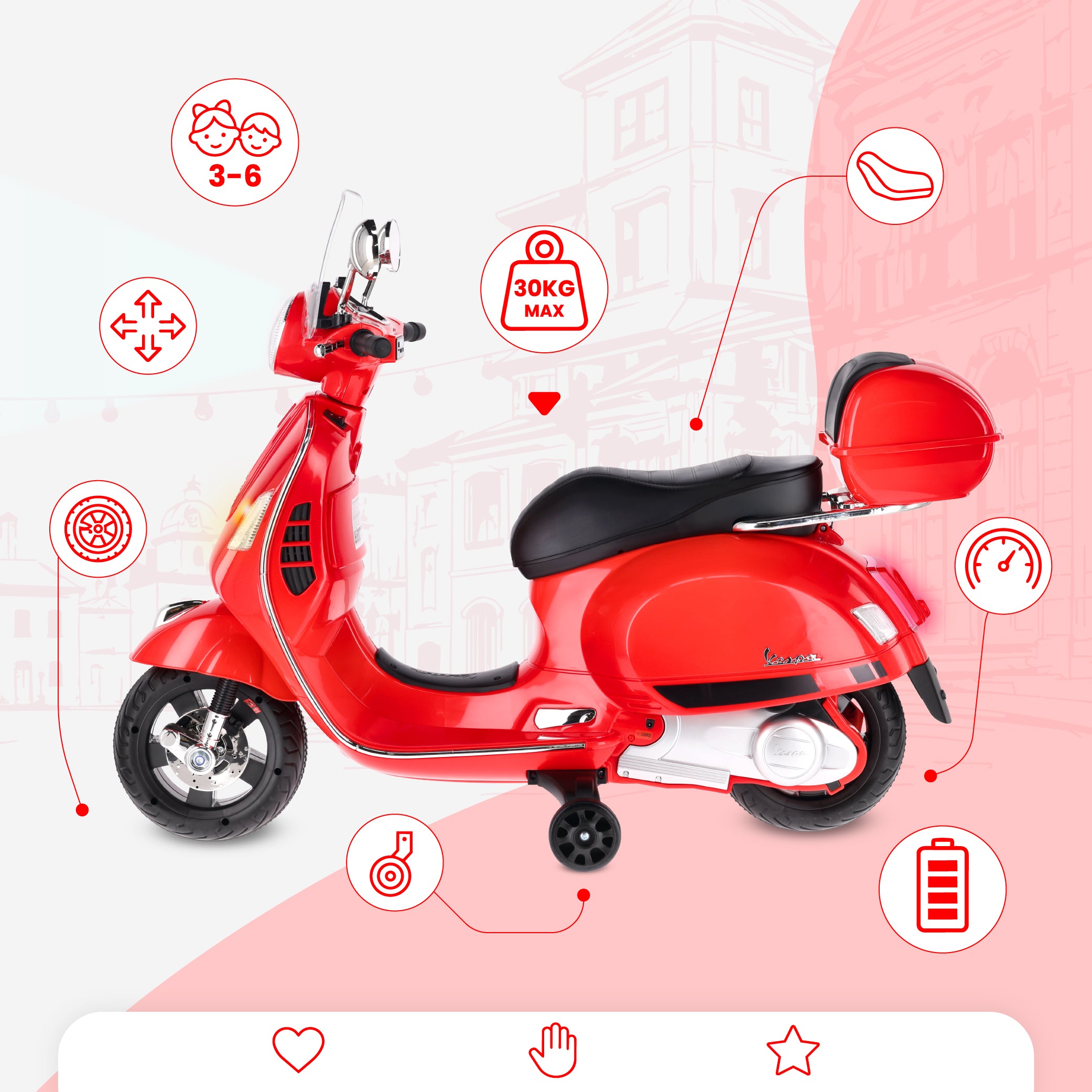 Vespa dla dziecka Skuter na akumulator Jeździk z kuferkiem MAXI czerwony Sun Baby