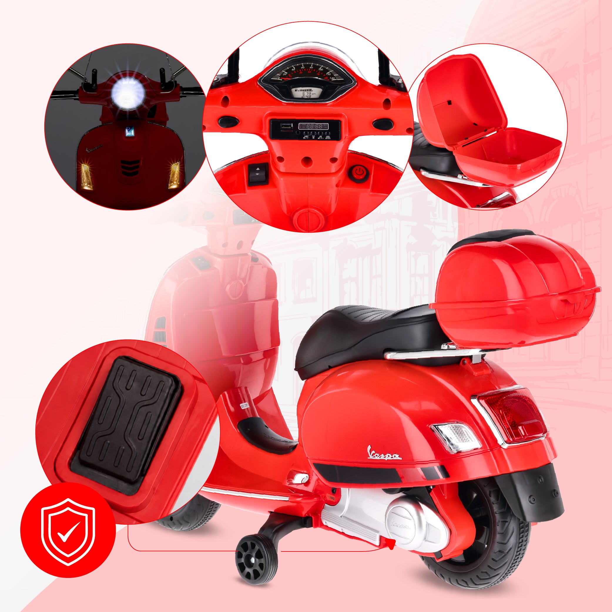 Vespa dla dziecka Skuter na akumulator Jeździk z kuferkiem MAXI czerwony Sun Baby