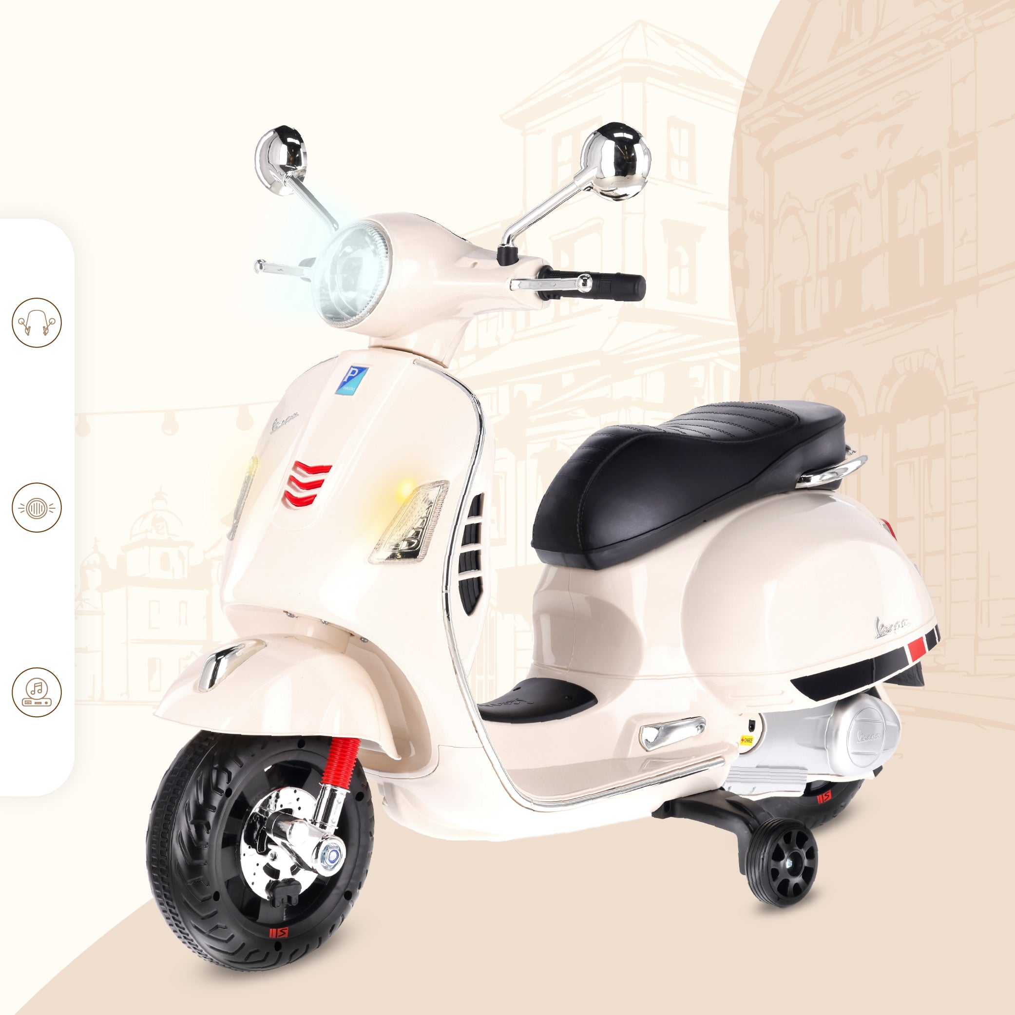 Jeździk dla dziecka Skuter Vespa na akumulator Motorek elektryczny MAXI biały Sun Baby