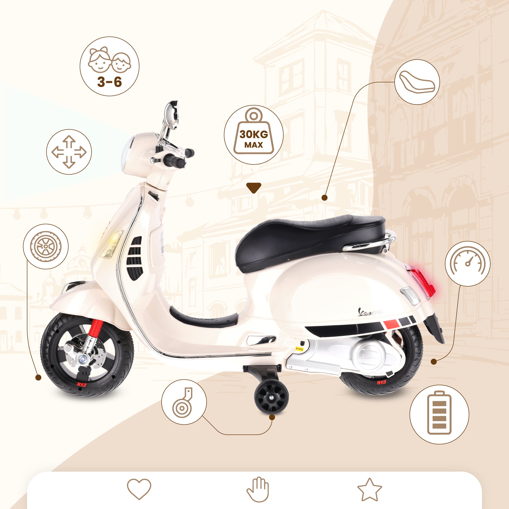 Jeździk dla dziecka Skuter Vespa na akumulator Motorek elektryczny MAXI biały Sun Baby