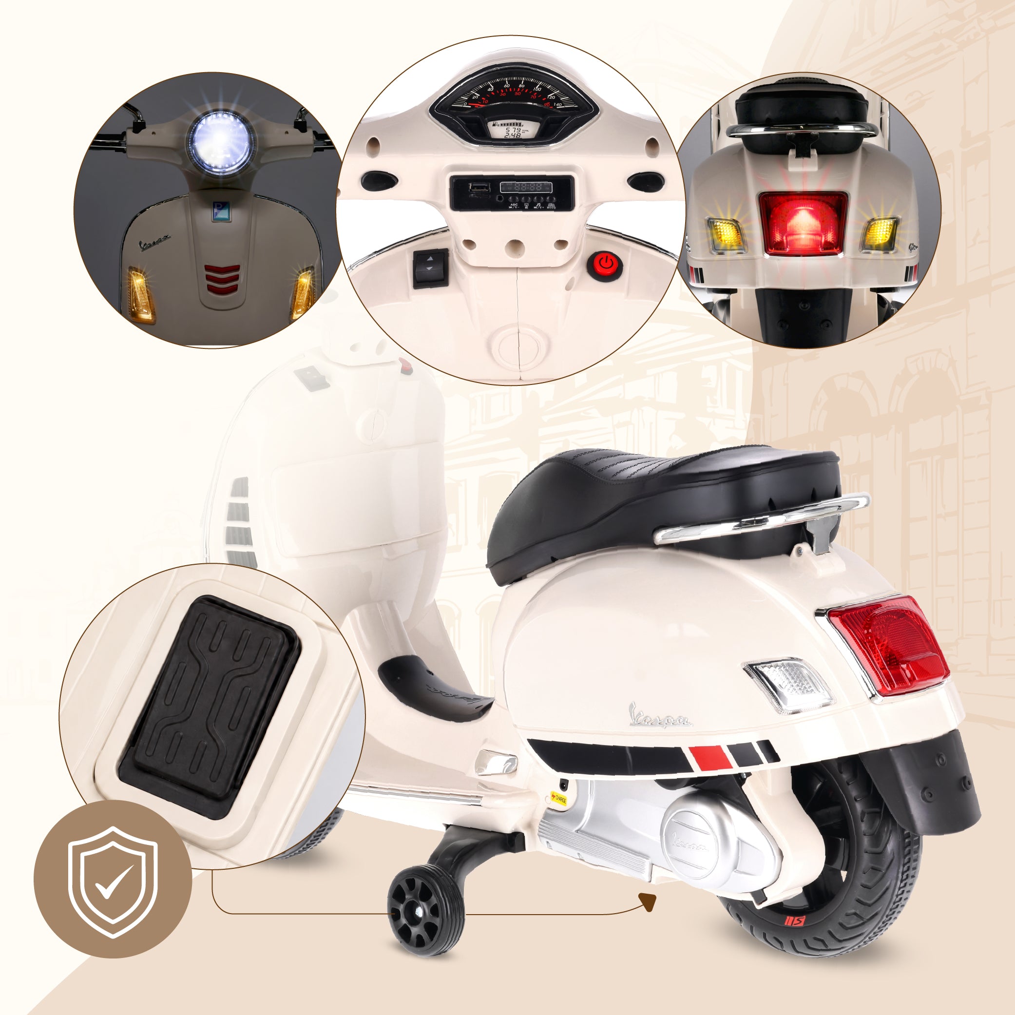 Jeździk dla dziecka Skuter Vespa na akumulator Motorek elektryczny MAXI biały Sun Baby