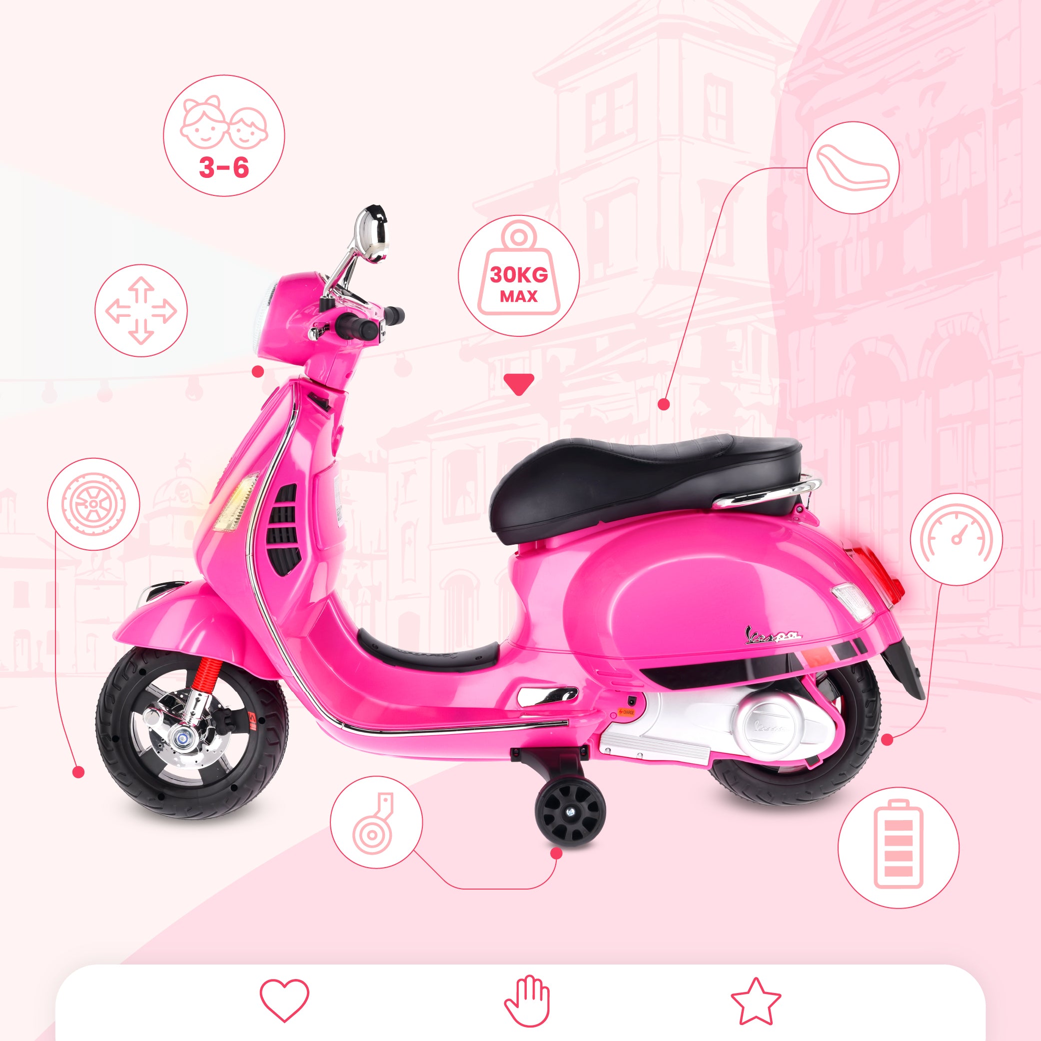 Jeździk dla dziecka Skuter Vespa na akumulator MAXI fuksja Sun Baby