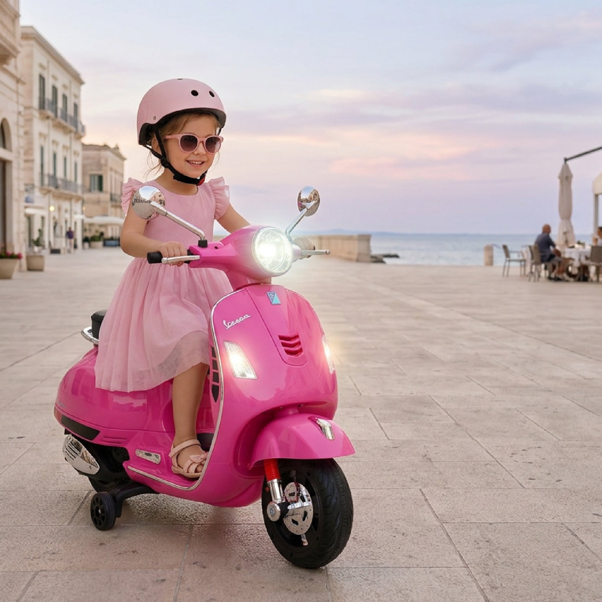 Jeździk dla dziecka Skuter Vespa na akumulator MAXI fuksja Sun Baby