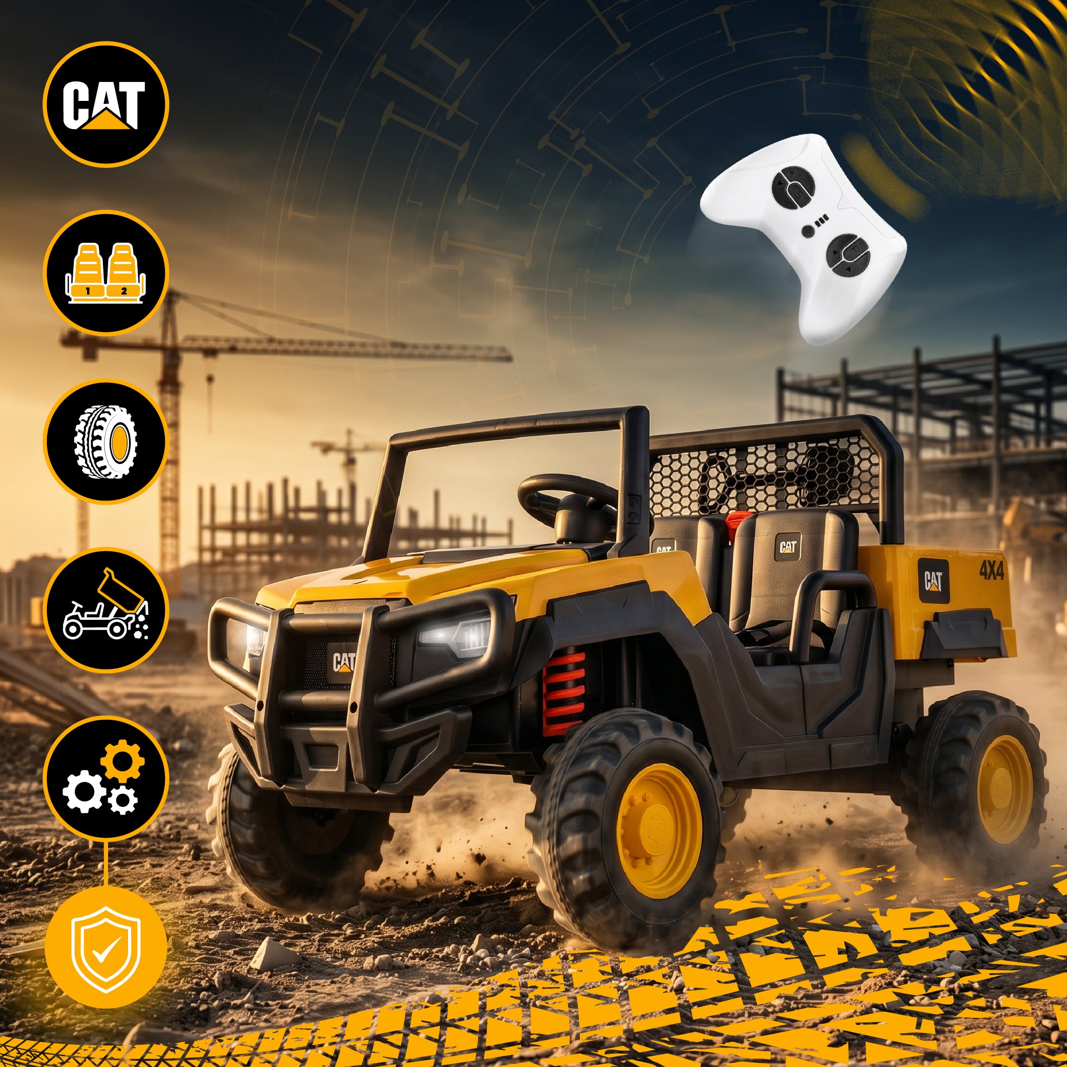 Samochód terenowy Auto na akumulator elektryczny dziecięcy DWUOSOBOWY 12V 10Ah CAT MP3 pilot żółty