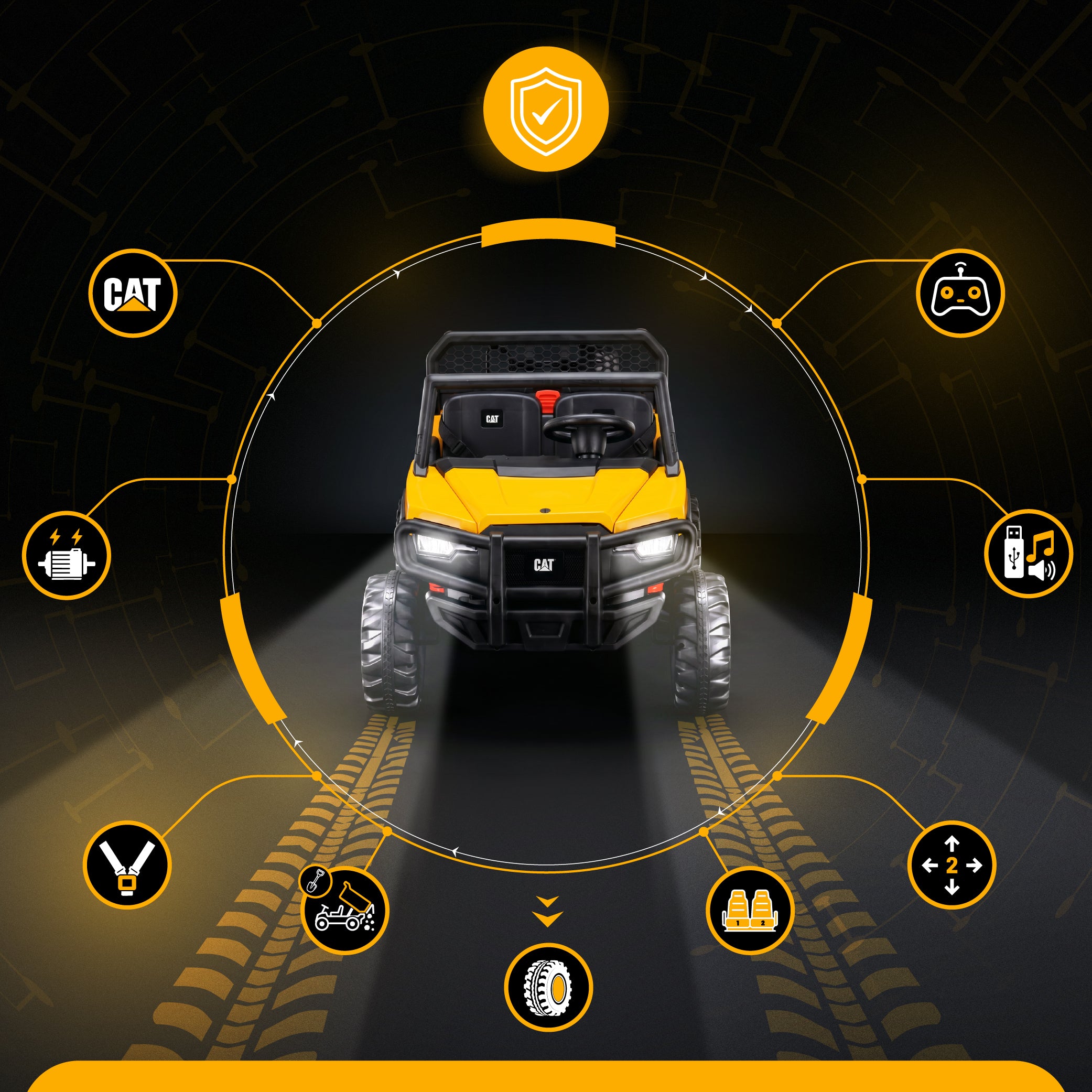 Samochód terenowy Auto na akumulator elektryczny dziecięcy DWUOSOBOWY 12V 10Ah CAT MP3 pilot żółty
