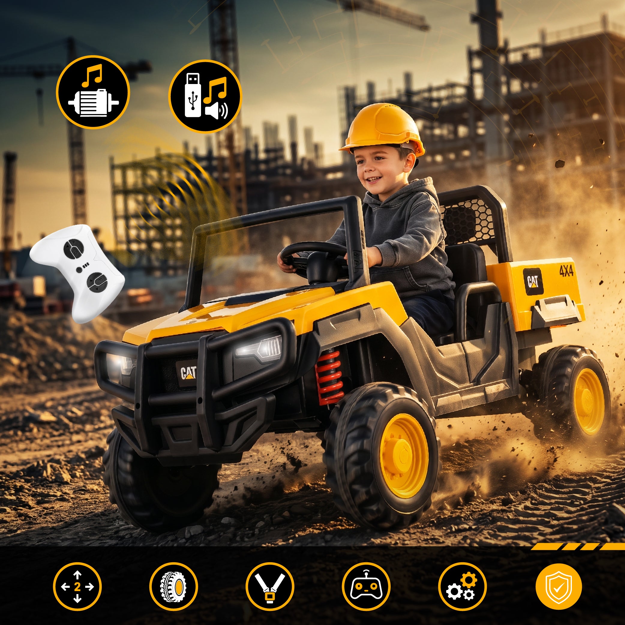 Samochód terenowy Auto na akumulator elektryczny dziecięcy DWUOSOBOWY 12V 10Ah CAT MP3 pilot żółty