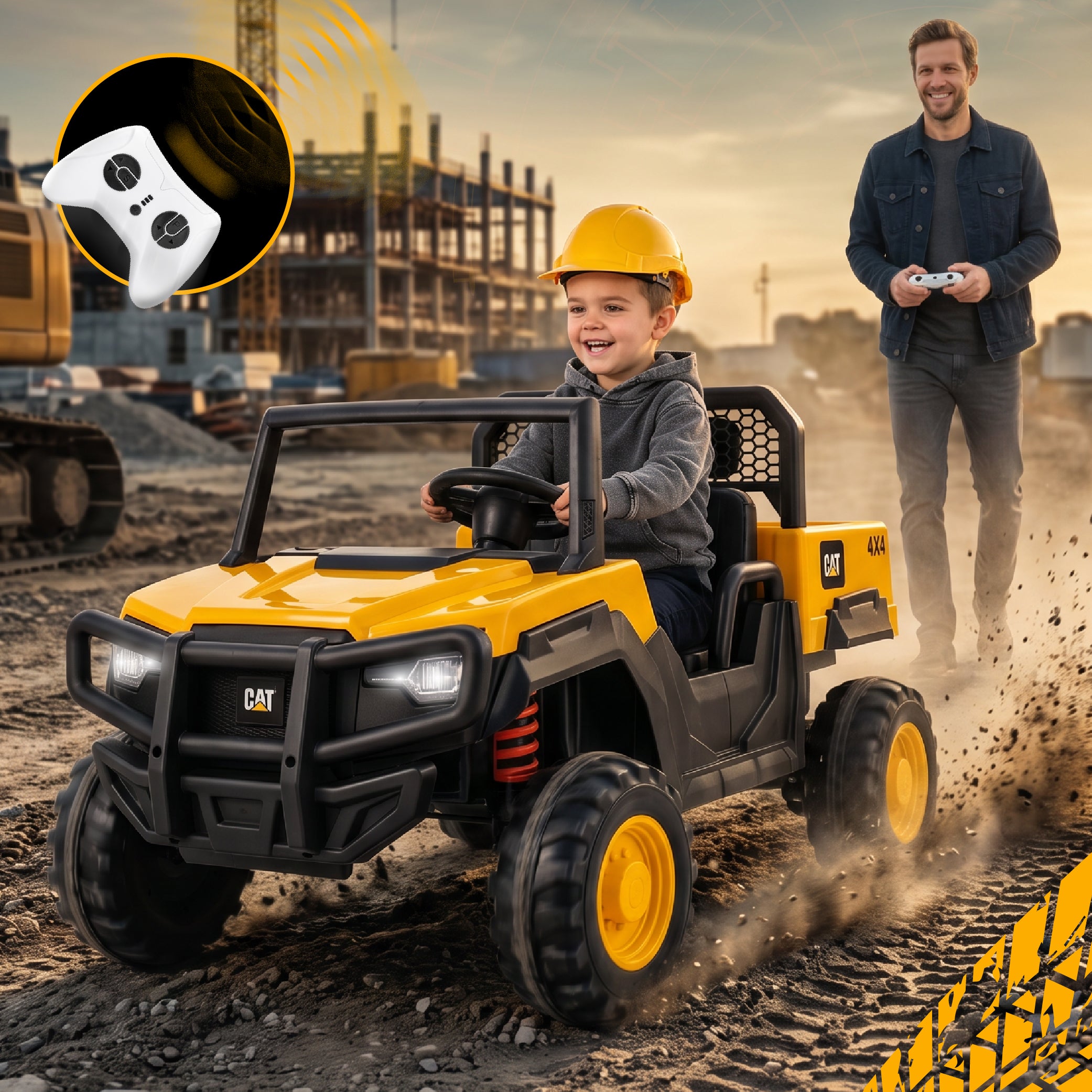 Samochód terenowy Auto na akumulator elektryczny dziecięcy DWUOSOBOWY 12V 10Ah CAT MP3 pilot żółty
