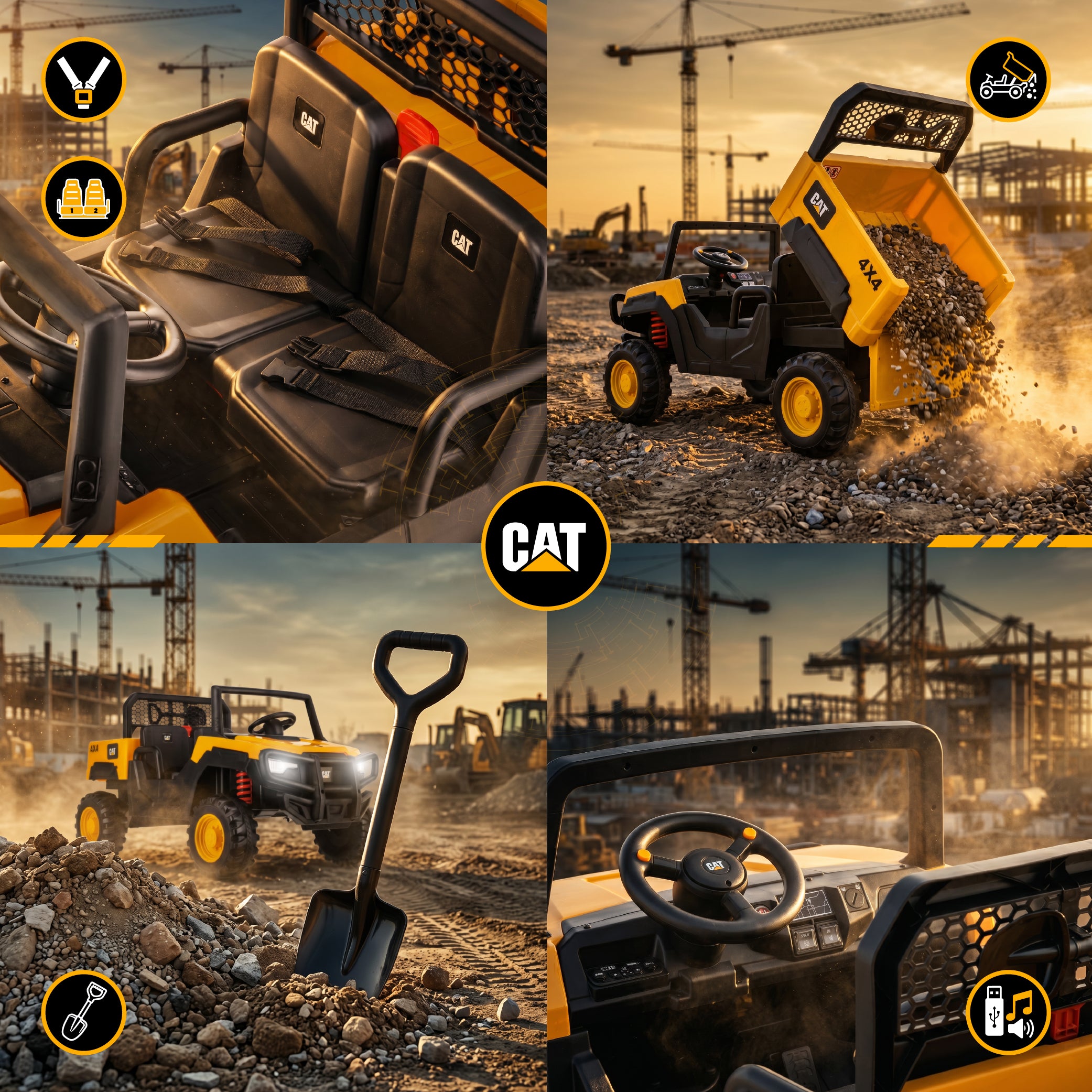 Samochód terenowy Auto na akumulator elektryczny dziecięcy DWUOSOBOWY 12V 10Ah CAT MP3 pilot żółty