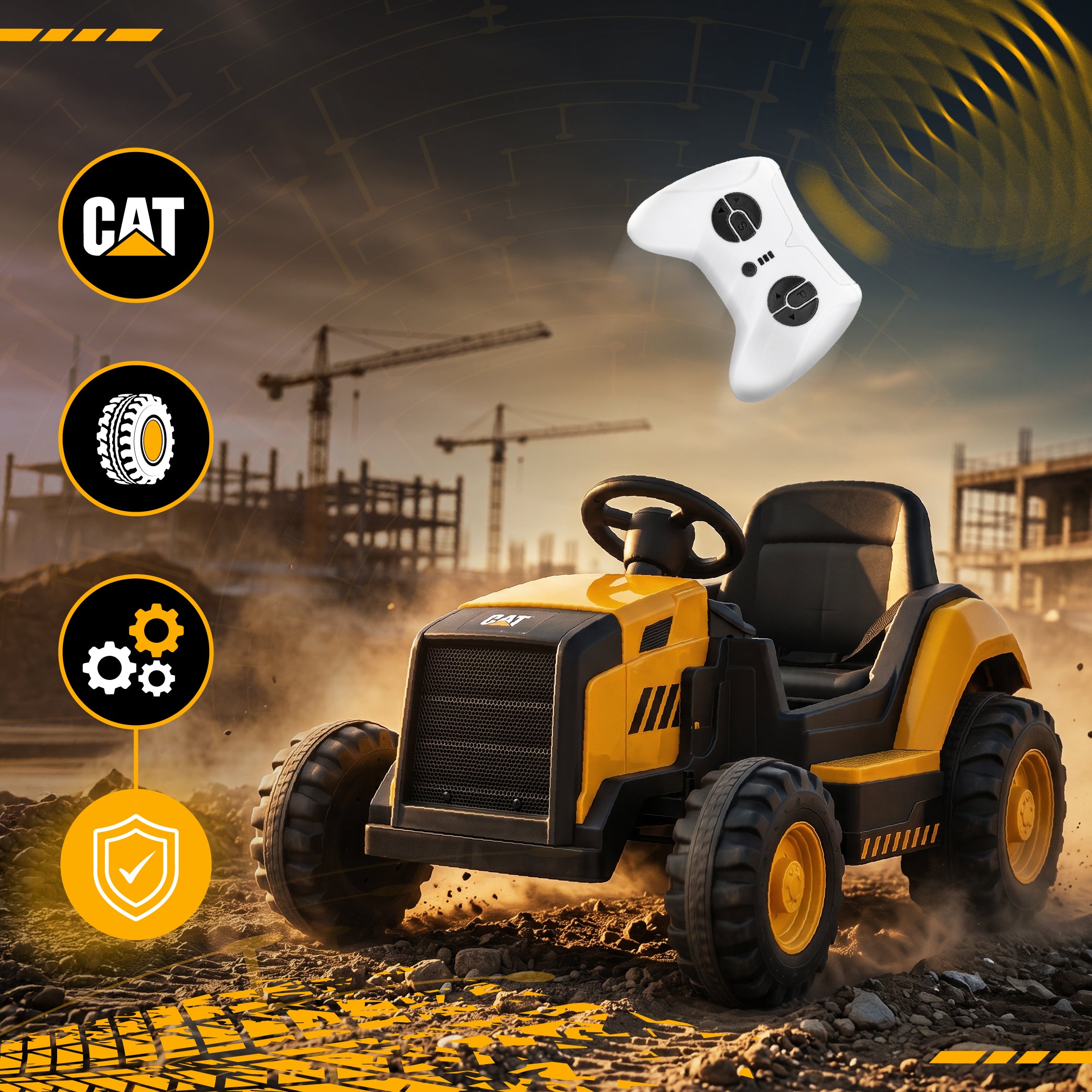 Duży Traktor na akumulator ciągnik elektryczny dla dzieci CAT MP3 pilot klakson żółty Sun Baby