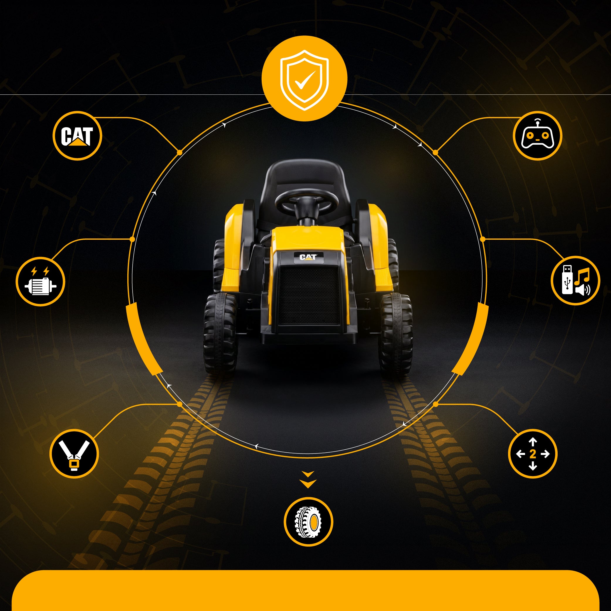 Duży Traktor na akumulator ciągnik elektryczny dla dzieci CAT MP3 pilot klakson żółty Sun Baby