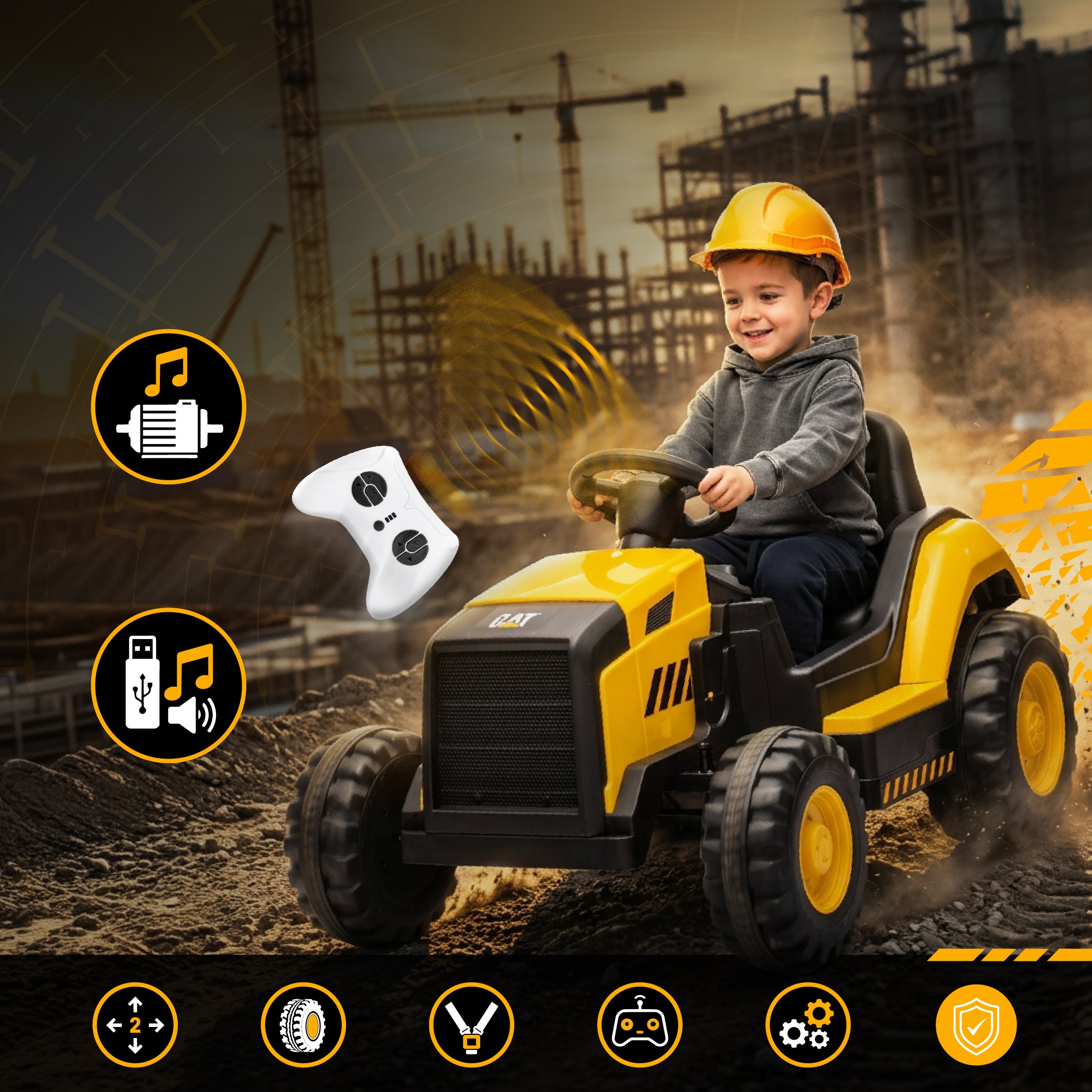 Duży Traktor na akumulator ciągnik elektryczny dla dzieci CAT MP3 pilot klakson żółty Sun Baby