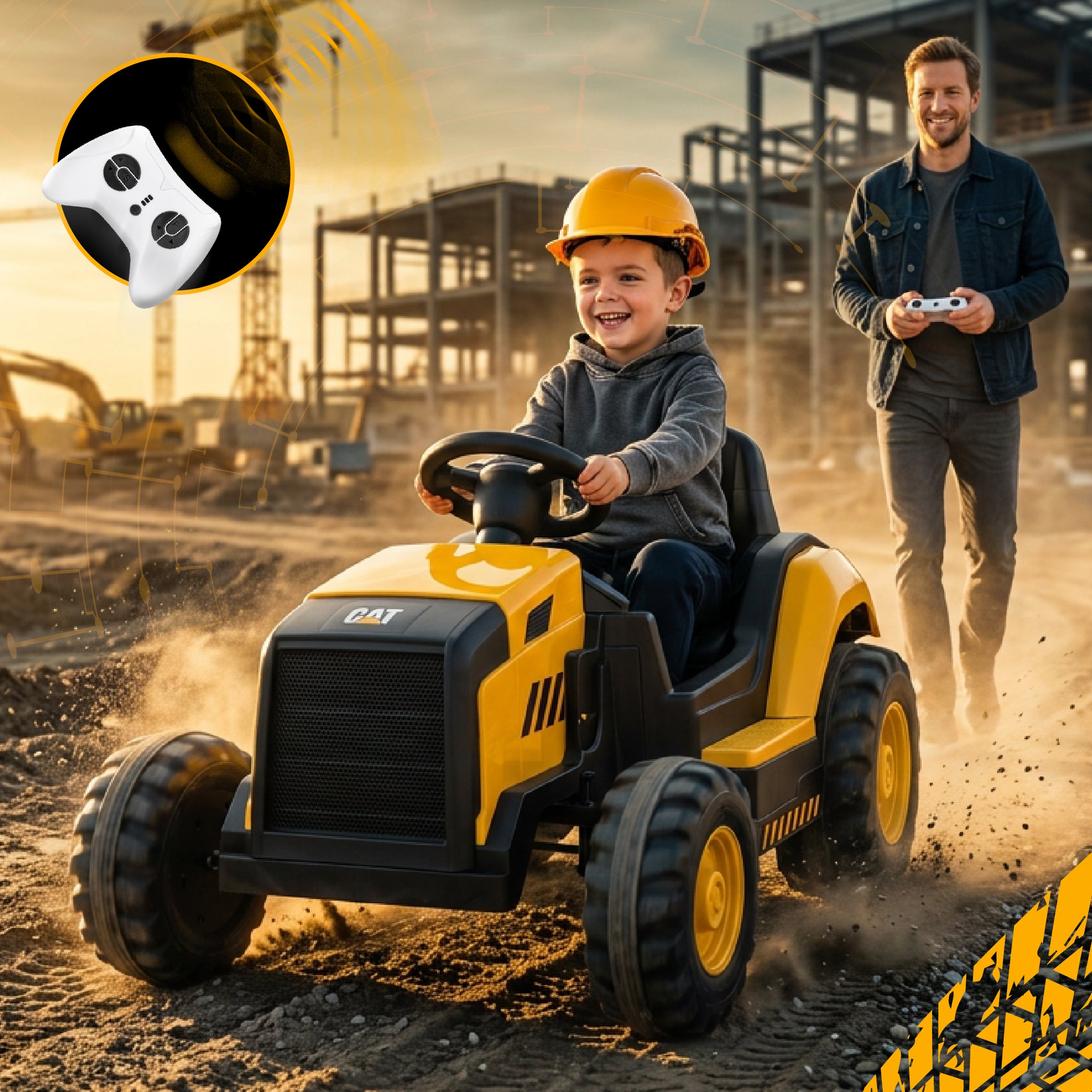 Duży Traktor na akumulator ciągnik elektryczny dla dzieci CAT MP3 pilot klakson żółty Sun Baby