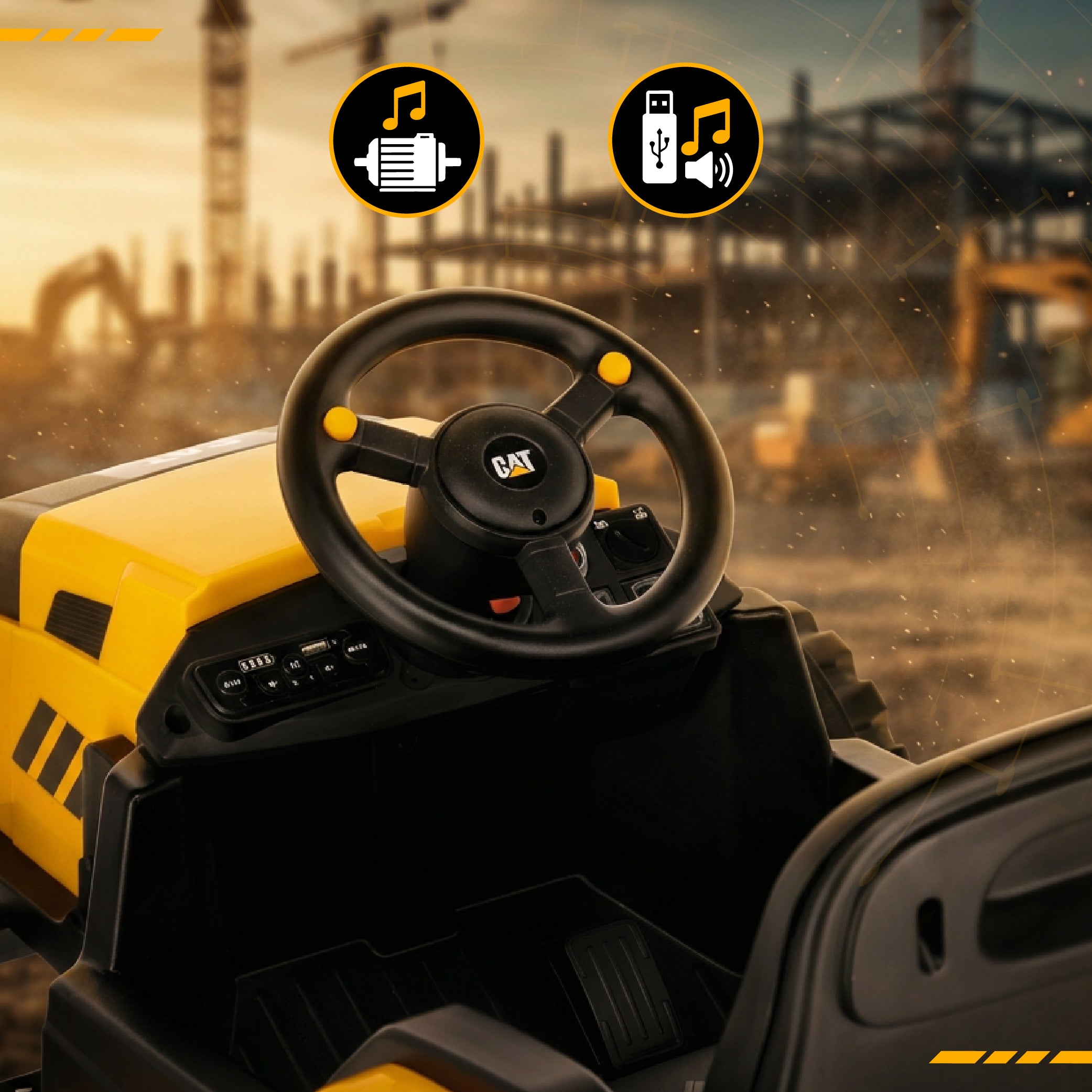 Duży Traktor na akumulator ciągnik elektryczny dla dzieci CAT MP3 pilot klakson żółty Sun Baby