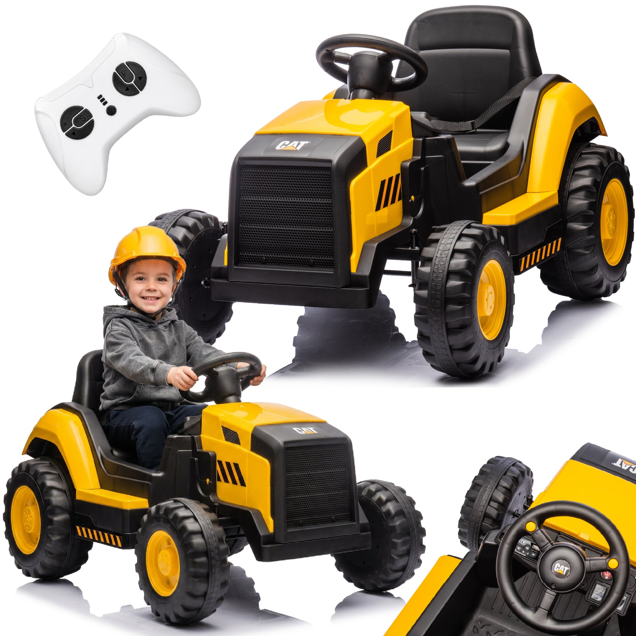 Duży Traktor na akumulator ciągnik elektryczny dla dzieci CAT MP3 pilot klakson żółty Sun Baby