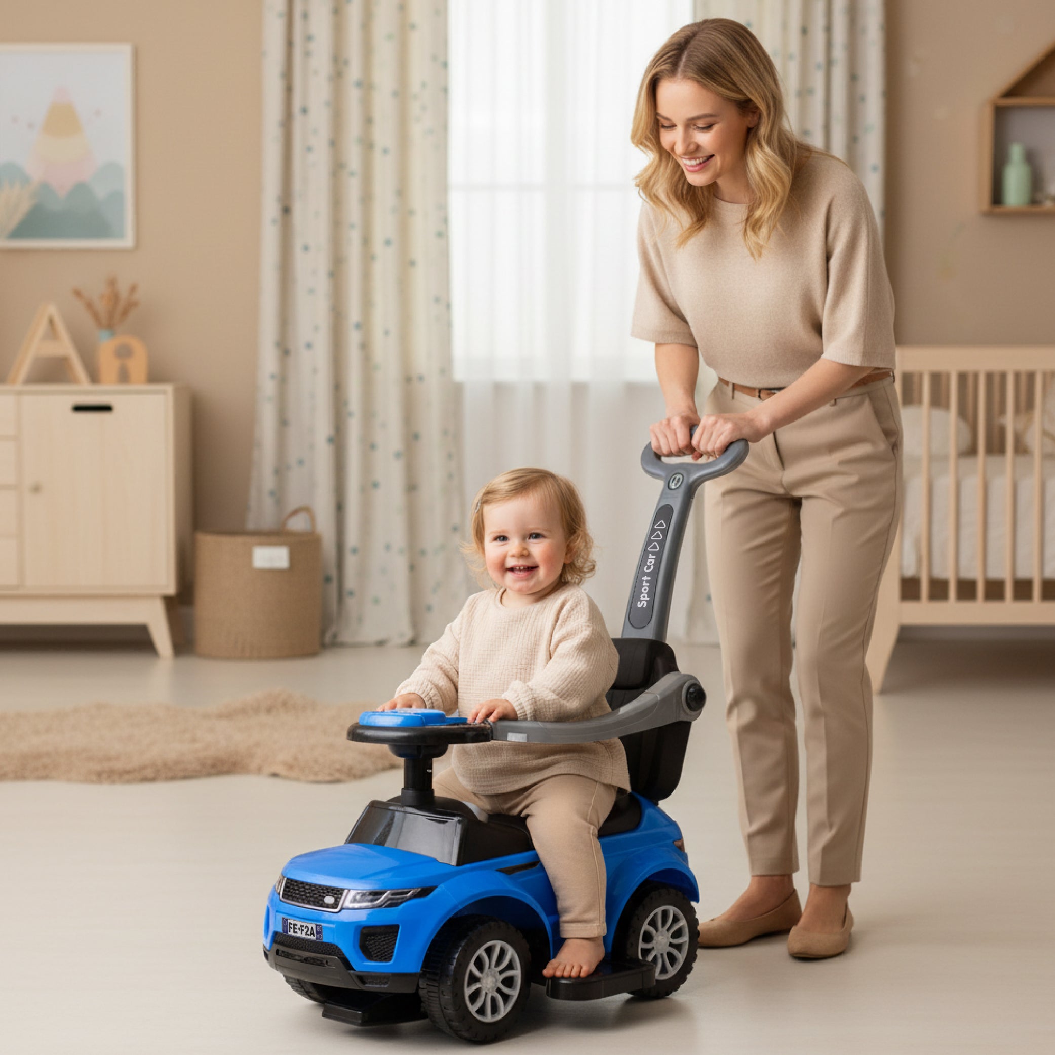 Ride-on pusher baby walker with handle and clamp Sport car blue