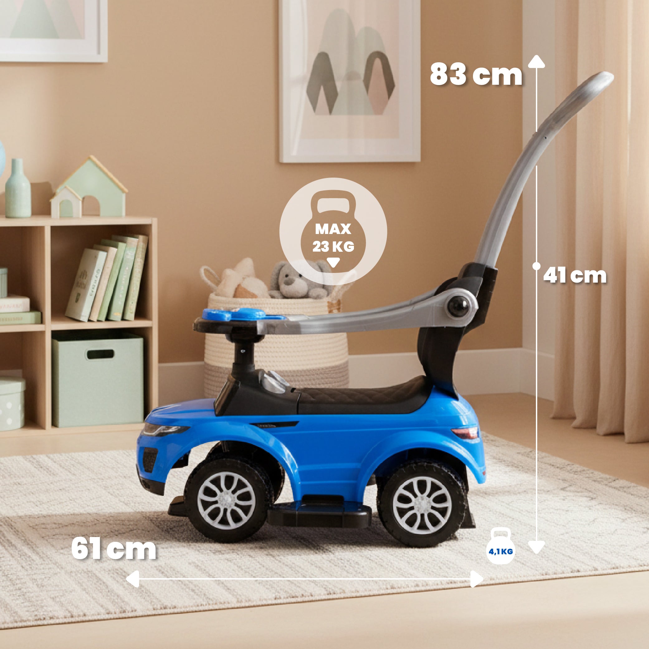 Ride-on pusher baby walker with handle and clamp Sport car blue