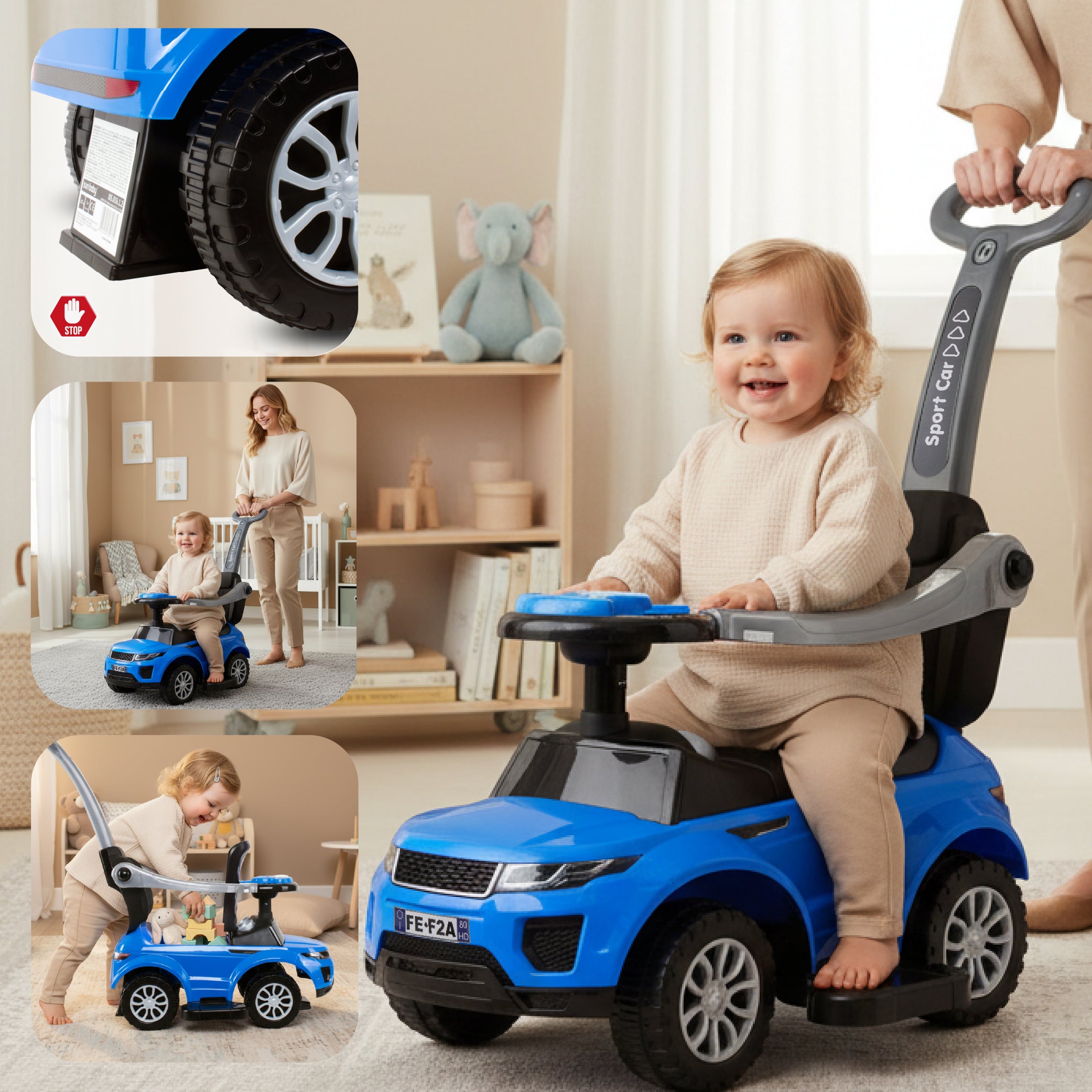 Ride-on pusher baby walker with handle and clamp Sport car blue