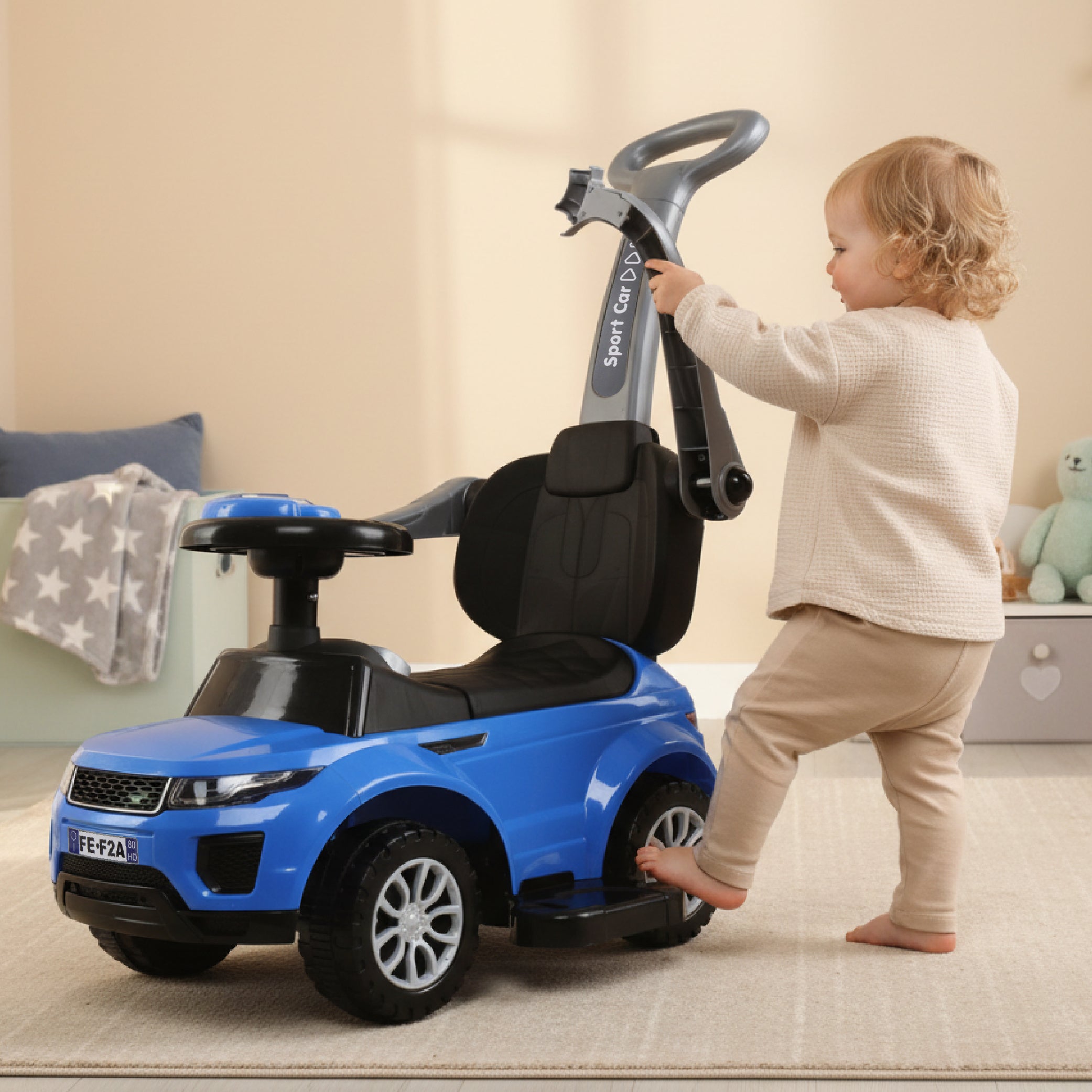 Ride-on pusher baby walker with handle and clamp Sport car blue