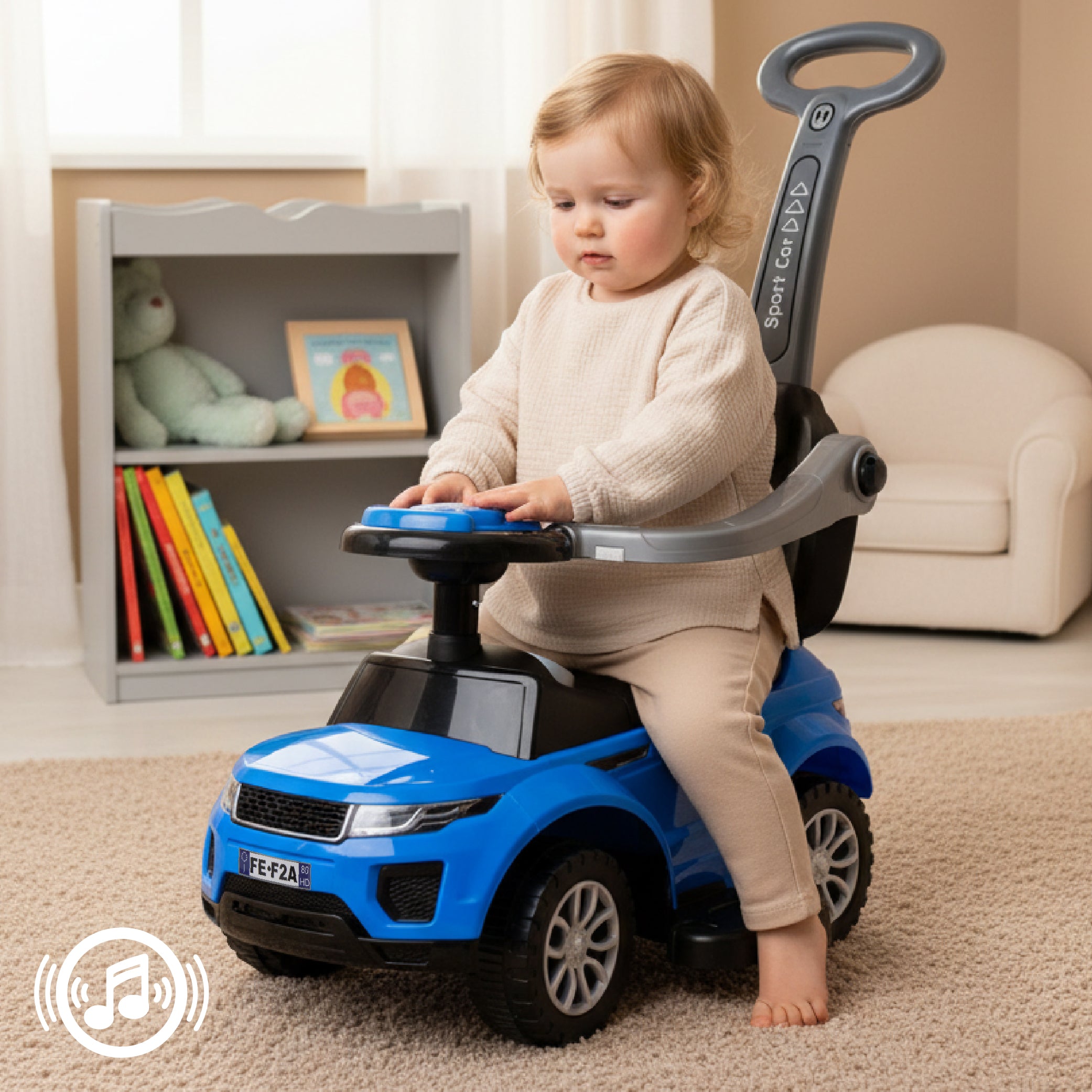 Ride-on pusher baby walker with handle and clamp Sport car blue